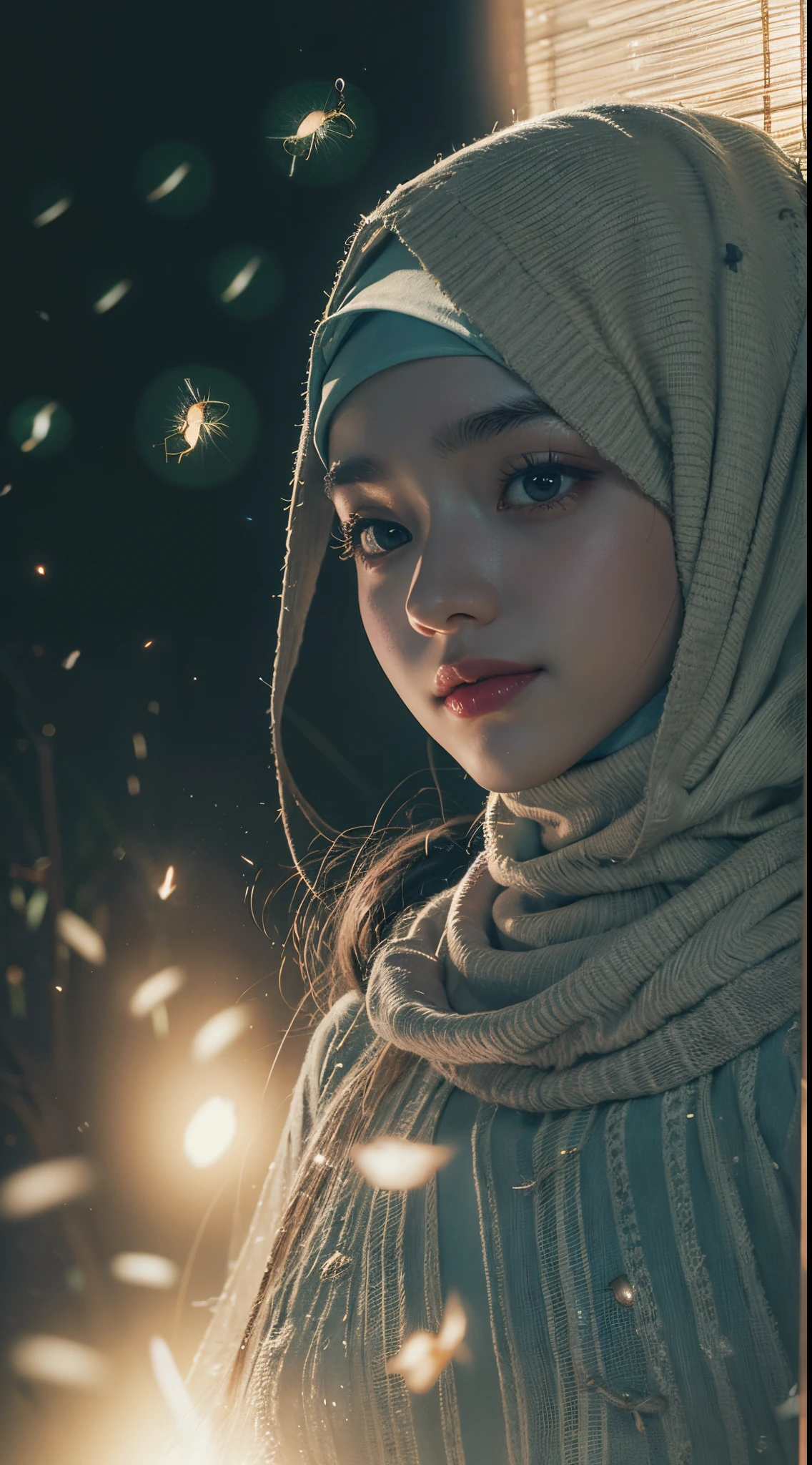 Imagine a serene moonlit night in a dense Malay jungle where a girl in hijab practices traditional martial arts surrounded by mystical fireflies. Capture the elegance and grace of her movements as the fireflies create a magical aura around her, 35mm lens, Extreme close-up, pastel color grading, depth of field cinematography effect, film noir genre, 8k resolution, high quality, ultra detail,