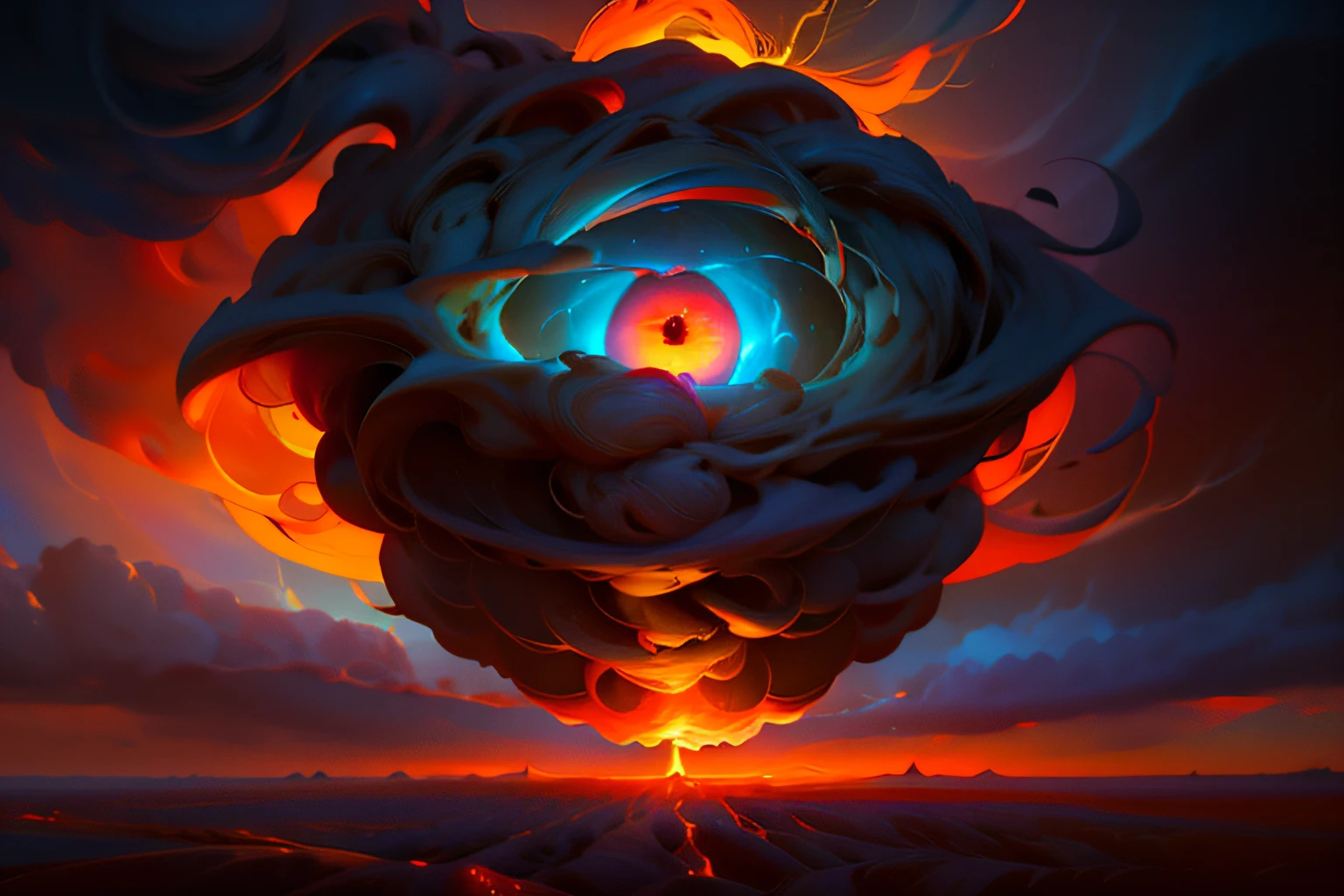 the Eye of Sauron ( a gigantic lidless eye wreathed in flame)  in a strange landscape, digital art inspired space art, beeple and tim hildebrandt, and greg rutkowski painting of a large cloud with Numerous eyes and a tornado swirl coming out of it, a surrealist painting by Michael Sutfin, , android jones and rhads, cloud vortex, thick swirling tornado, surrealistic painting, surrealist landscape painting, thunder clouds modernism,, jacek yerka and vladimir kush, surreal painting, lightning , star field sky / lightning / giant eye balls / giant flaming eyes in the sky