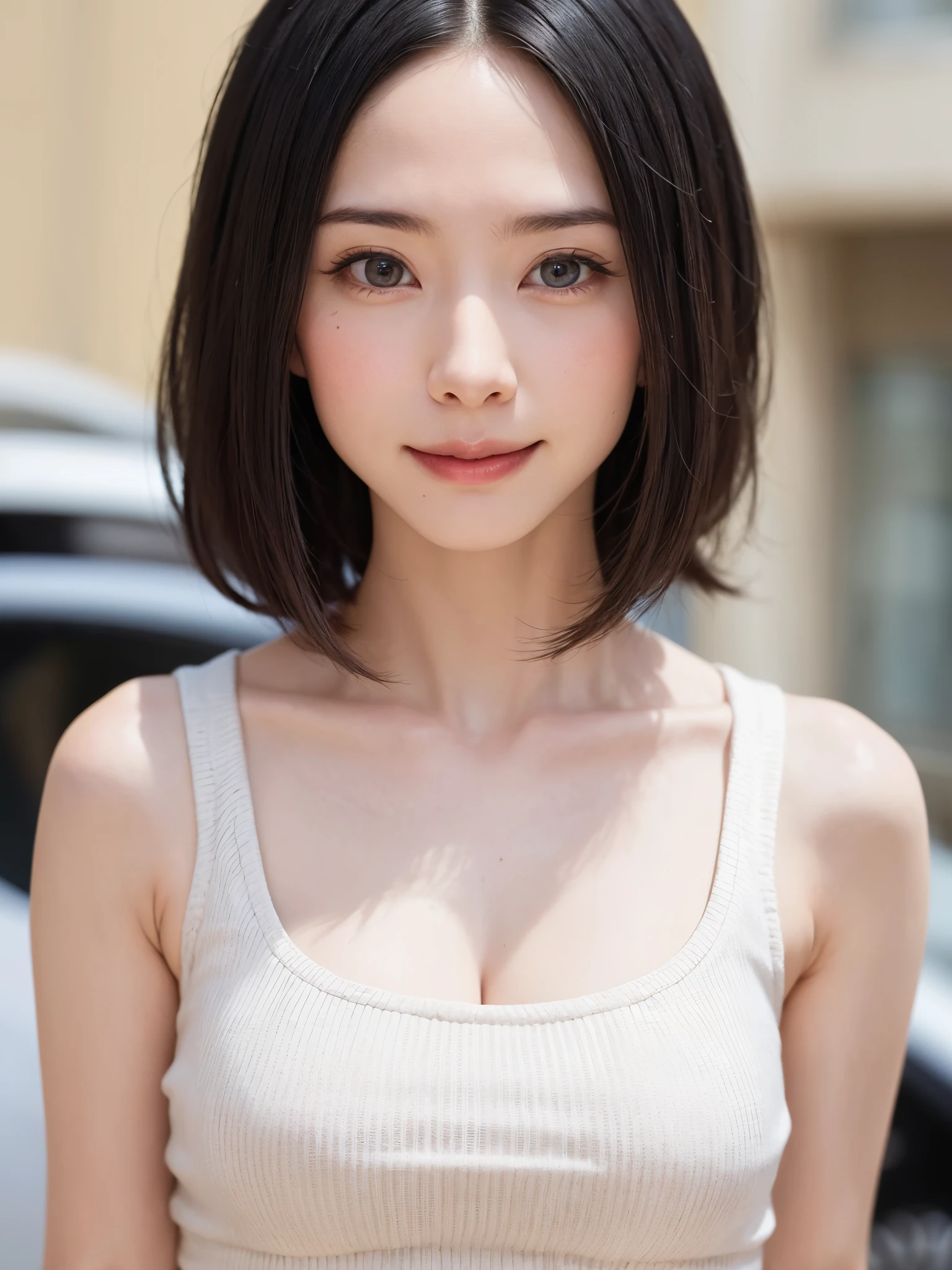 (masutepiece, top-quality、Very attractive adult beauty、Add intense highlights to the eyes、Look firmly at the camera:1.4、Beautiful woman full of adult charm、Ideal ratio body proportions、Perfect Anatomy、Brunette Short Bob Hair、Lustrous hair、lipgloss),1girl in, 独奏, Light brown shiny hair, muffler,realisitic, looking at the viewers、Tilt your head slightly, Bright colored crystal light blue eyes, short shiny hair、 White turtleneck outfit with a hole in the center of the chest,Sexy white turtleneck knit sweater with a round hole in the middle of the chest、 s lips, lipgloss,bangss, The upper part of the body、big eye、Lashes、The face is a little red、Embarrassing)、((Road system in Italy in winter))、((Shorthair with bangs、big eye、Put very strong highlights in your students、{Gigantic|Big|Huge|Mega} breasts:1.4、very Bigger breasts、gazing at viewer、Very beautiful beauty、Put your ears out、long neck、little smiling、Beautiful teeth、Open your mouth and smile、Heart-shaped pupil))、28 year old、Very cute supermodel、