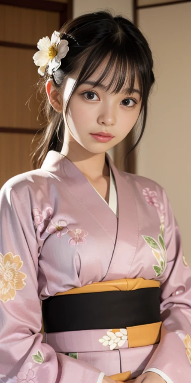 (masutepiece, Best Quality:1.4), Beautiful face, 8K, 85 mm, absurderes, ((FULL BODYSHOT:1.3))、((traditional Japanese room(With futon)))、(Floral pattern long-sleeved kimono:1.4), cowboy shot、violaceaess, gardeniass, Delicate girl, Solo, Variety of hairstyles、Night, Looking at Viewer, Upper body, Film grain, chromatic abberation, Sharp Focus, face lights, Professional Lighting, Sophisticated, (Smile:0.4), (Simple background, Bokeh background:1.2), Detail Face