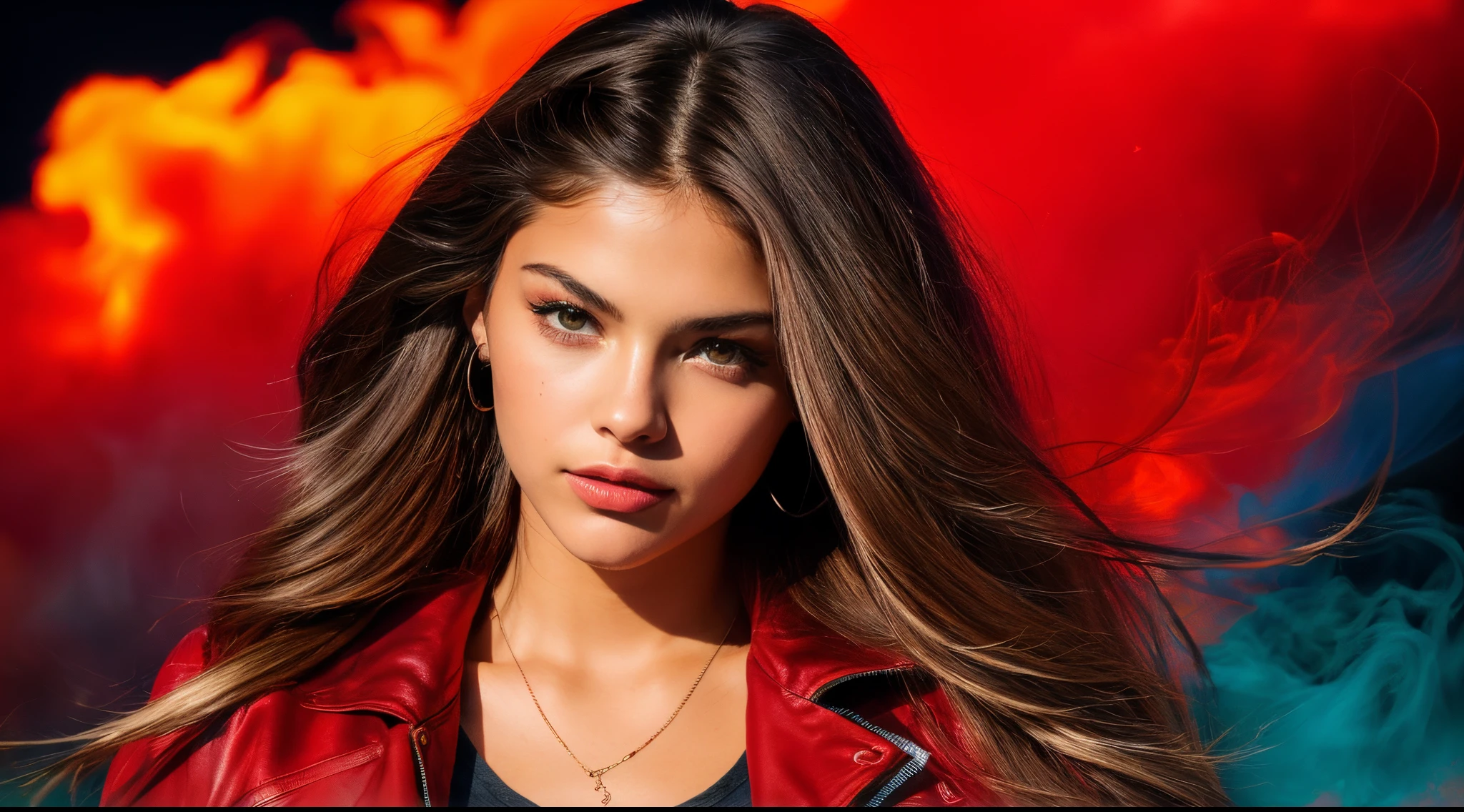Maximum Extreme Hyper realistic, Maximum Extreme Hyper Detailed, Hyper-Sharp Extreme Maximum, Hyper-Sharp Extreme Maximum, Extreme maximum close-up, frente frontal, corpo inteiro, retrato, Thylane Blondeau linda mulher, (((Bom modelo, com longos cabelos negros e ultra detalhados, com olhos azuis, vestido com uma jaqueta vermelha gradiente e blusa branca estampada com letras japonesas, jeans,))))((((ultra realista 8k, super detalhe), Post-processing, (Arte Splash), Perspectivas exageradas, cores naturais, (Colorido e altamente detalhado )))) , camera with multiple movement angles, fogo glamoroso, swirl of red smoke and glowing particles, Low neon effects, nuances prateadas e pretas, ultra detailed 8k video, HDR, imagens complexas, give me the best image and motion experience, Perspectivas exageradas, cores naturais, (Colorido e altamente detalhado ))))  in the middle of a forest at night running away, camera with multiple movement angles, fogo glamoroso, swirl of red smoke and glowing particles, Low neon effects, nuances prateadas e pretas, ultra detailed 8k video, HDR, imagens complexas, give me the best image and motion experience
