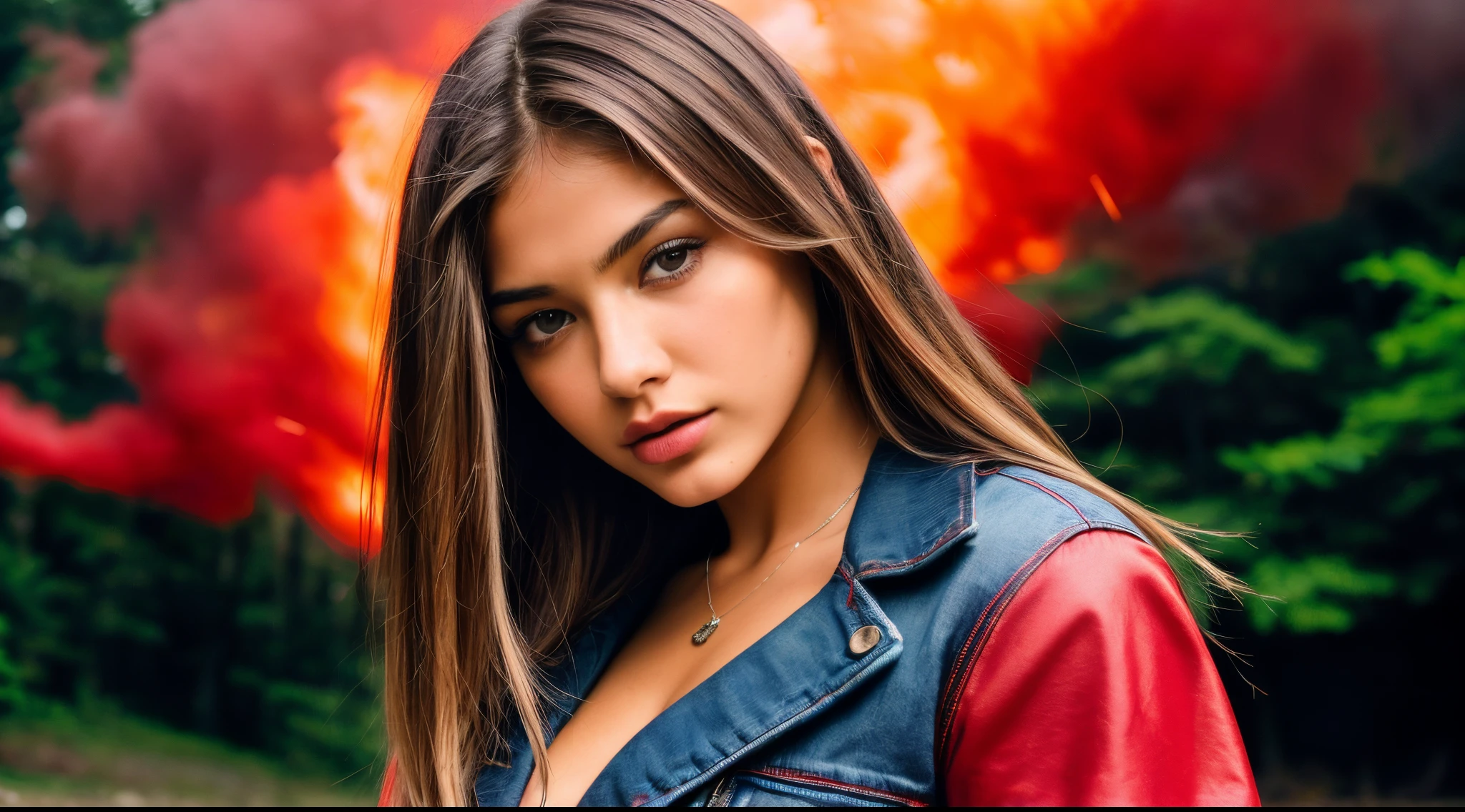 Maximum Extreme Hyper realistic, Maximum Extreme Hyper Detailed, Hyper-Sharp Extreme Maximum, Hyper-Sharp Extreme Maximum, Extreme maximum close-up, frente frontal, corpo inteiro, retrato, Thylane Blondeau linda mulher, (((Bom modelo, com longos cabelos negros e ultra detalhados, com olhos azuis, vestido com uma jaqueta vermelha gradiente e blusa branca estampada com letras japonesas, jeans,))))((((ultra realista 8k, super detalhe), Post-processing, (Arte Splash), Perspectivas exageradas, cores naturais, (Colorido e altamente detalhado )))) , camera with multiple movement angles, fogo glamoroso, swirl of red smoke and glowing particles, Low neon effects, nuances prateadas e pretas, ultra detailed 8k video, HDR, imagens complexas, give me the best image and motion experience, Perspectivas exageradas, cores naturais, (Colorido e altamente detalhado )))) in the middle of a forest at night running away, camera with multiple movement angles, fogo glamoroso, swirl of red smoke and glowing particles, Low neon effects, nuances prateadas e pretas, ultra detailed 8k video, HDR, imagens complexas, give me the best image and motion experience