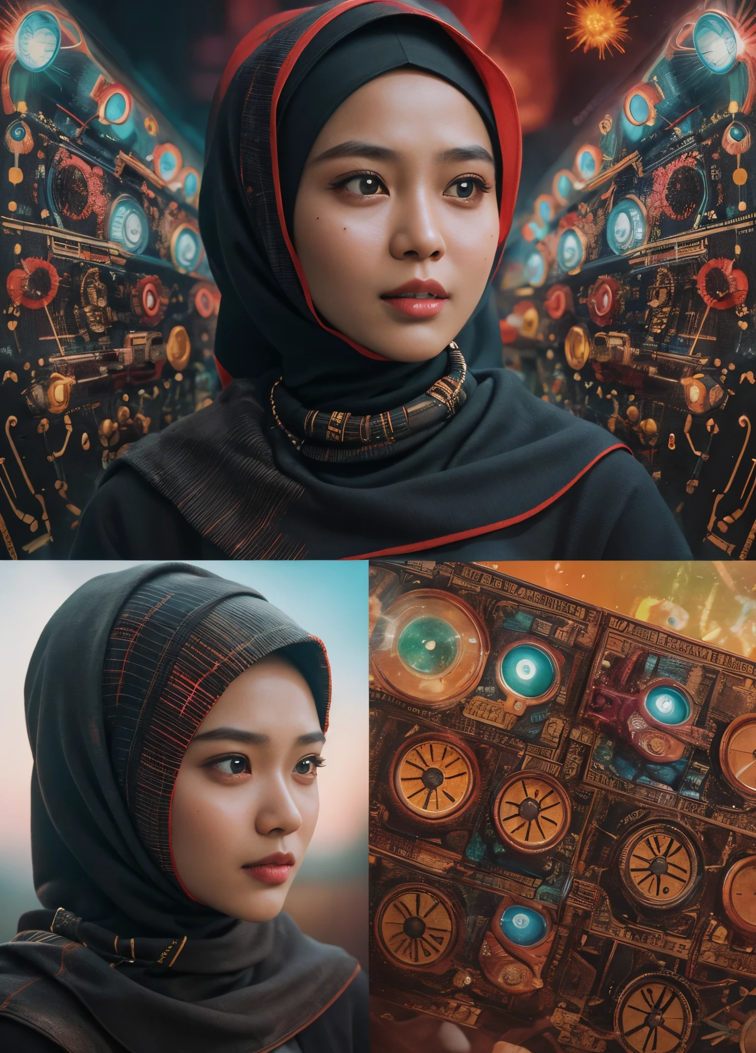 Transform the Malay girl in hijab into a time traveler, blending traditional Malay attire with futuristic elements. Place her in iconic movie scenes from different eras, creating a captivating collage of time-traveling moments, 35mm, Over-the-shoulder shot, vibrant color grading, light leaks, starbursts, epic fantasy, ultra detail, high quality, 8k resolution.