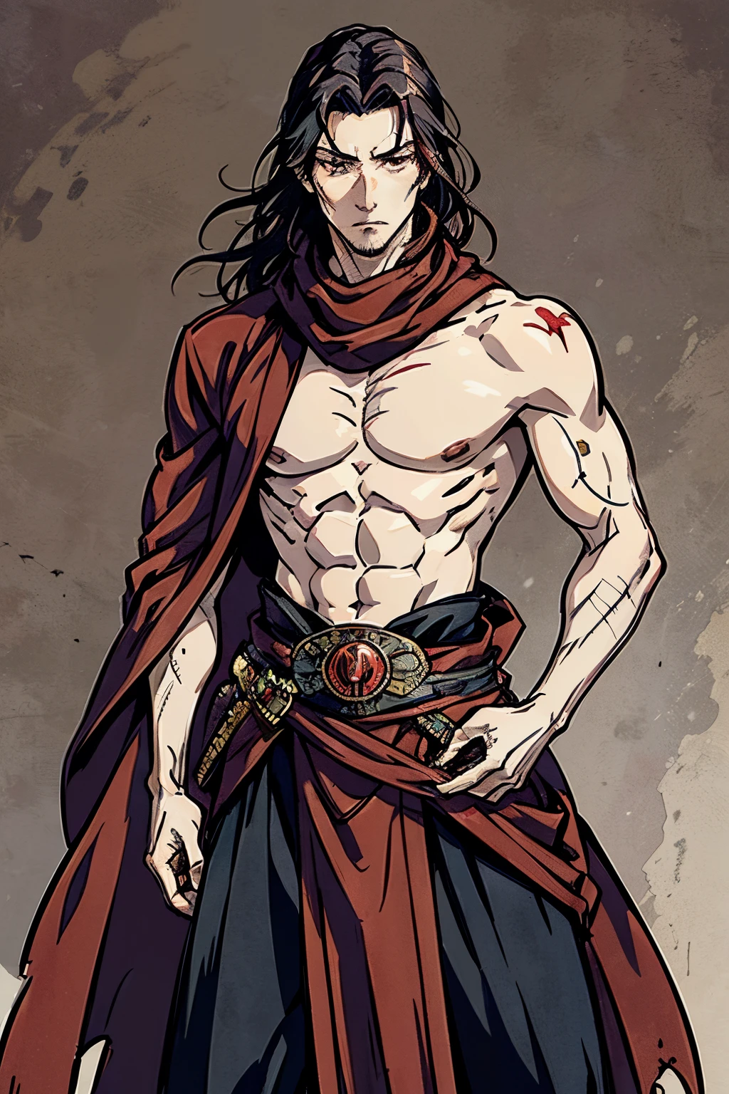 musashi miyamoto, long red hair, renaissance attire, fancy clothing, nobility attire, handsome, manly, muscular, tall, covered in scars, vampire, pale white skin, fangs, vampiric, gothic, goth, standing in a medieval london town, long red scarf, detailed