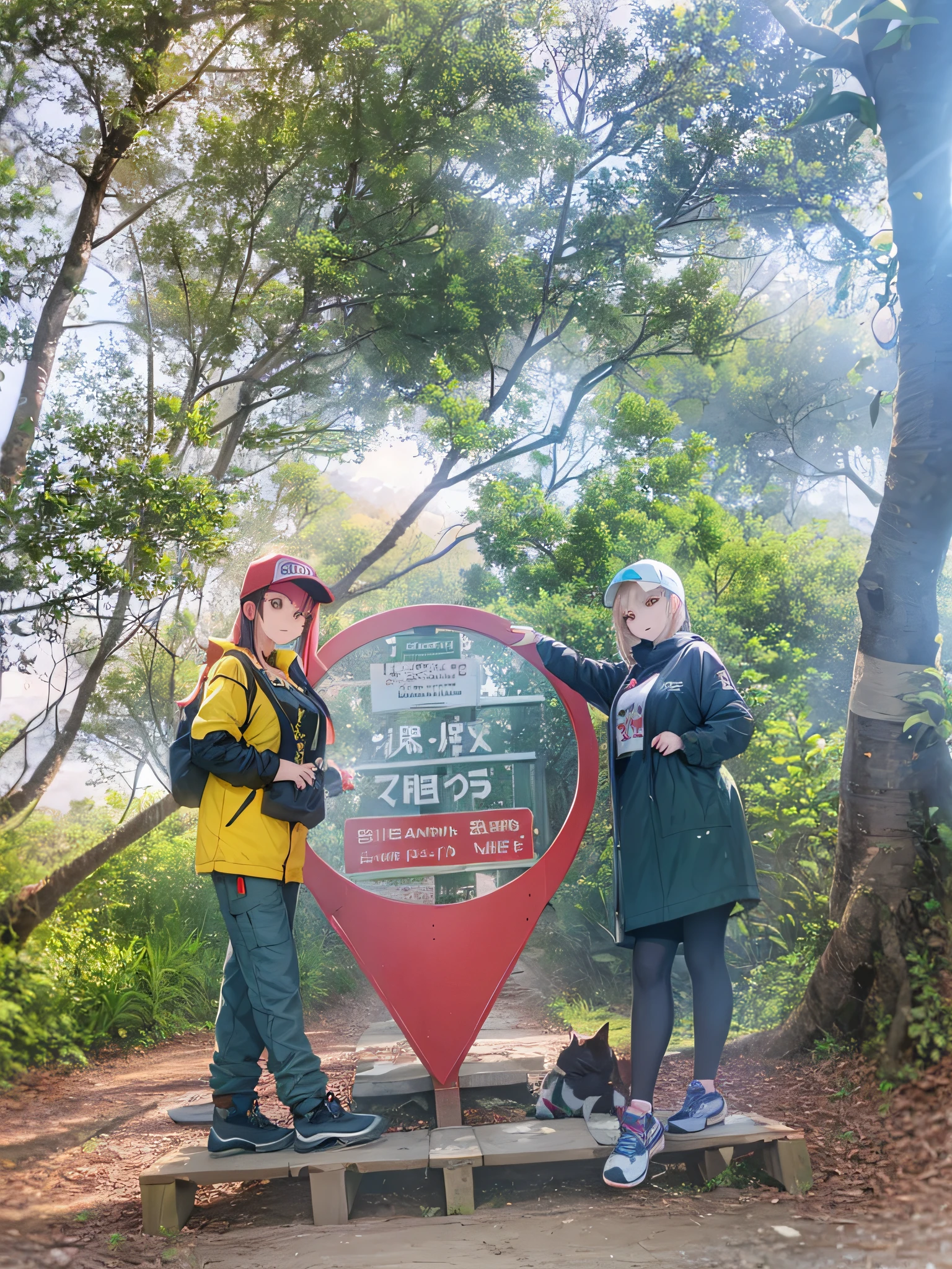 two woman standing next to a sign, in jungle forest peak