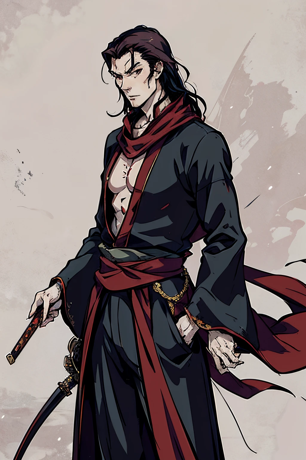 musashi miyamoto, long red hair, renaissance attire, fancy clothing, nobility attire, handsome, manly, muscular, tall, covered in scars, vampire, pale white skin, fangs, vampiric, gothic, goth, standing in a medieval london town, long red scarf, detailed