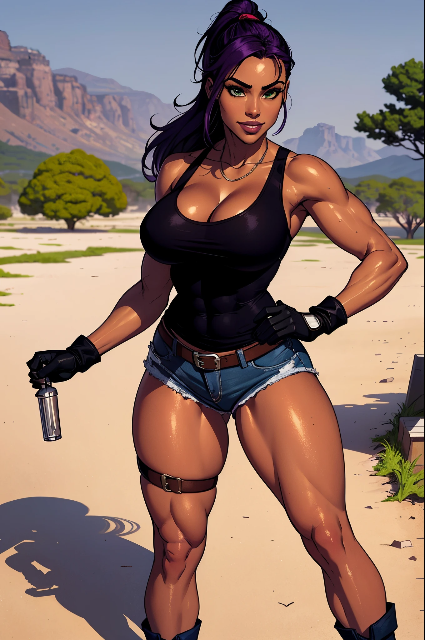 Lara Croft, Yoruichi Shihouin, cleavage, 25yo woman, hazel eyes, long purple hair in a ponytail, adventures outfit, medium breasts, waist, green tank-top and tan jean shorts, white sox, black gloves, hiking boots, thigh gun holsters, purple hair, determined smile, beautiful woman, hourglass figure, solo mature woman, strong muscular woman, masterpiece, Sharp focus :1.2, A pretty woman with perfect figure :1.4, Slender abs :1.2, (dark skin, dark-skinned female:1.2),
