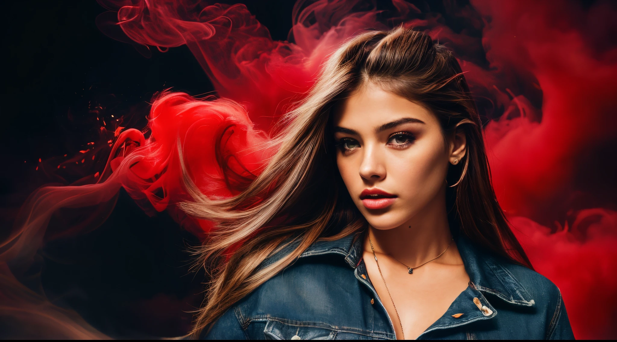 Maximum Extreme Hyper realistic, Maximum Extreme Hyper Detailed, Hyper-Sharp Extreme Maximum, Hyper-Sharp Extreme Maximum, Extreme maximum close-up, frente frontal, corpo inteiro, retrato, Thylane Blondeau linda mulher, (((Bom modelo, com longos cabelos negros e ultra detalhados, com olhos azuis, vestido com uma jaqueta vermelha gradiente e blusa branca estampada com letras japonesas, jeans,))))((((ultra realista 8k, super detalhe), Post-processing, (Arte Splash), Perspectivas exageradas, cores naturais, (Colorido e altamente detalhado )))) , camera with multiple movement angles, fogo glamoroso, swirl of red smoke and glowing particles, Low neon effects, nuances prateadas e pretas, ultra detailed 8k video, HDR, imagens complexas, give me the best image and motion experience, Perspectivas exageradas, cores naturais, (Colorido e altamente detalhado )))) in the middle of a forest at night running away, camera with multiple movement angles, fogo glamoroso, swirl of red smoke and glowing particles, Low neon effects, nuances prateadas e pretas, ultra detailed 8k video, HDR, imagens complexas, give me the best image and motion experience