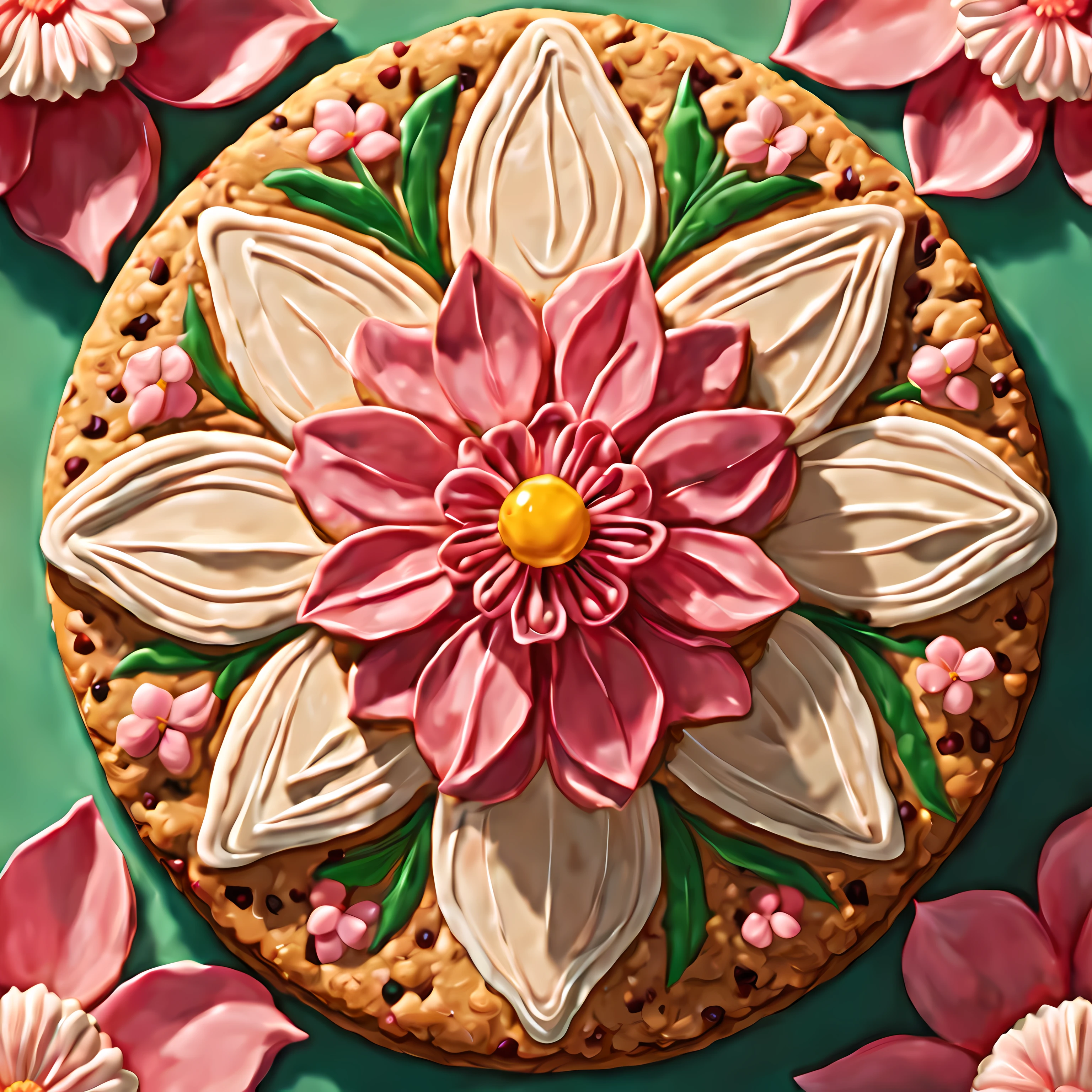 (symmetrical:1.3), (epic digital drawing:1.3), (shot from above:1.3) (close up:1.3), perfect (((giant cookie in the shape of a blossom))) that is cherry, ((abstract floral background))