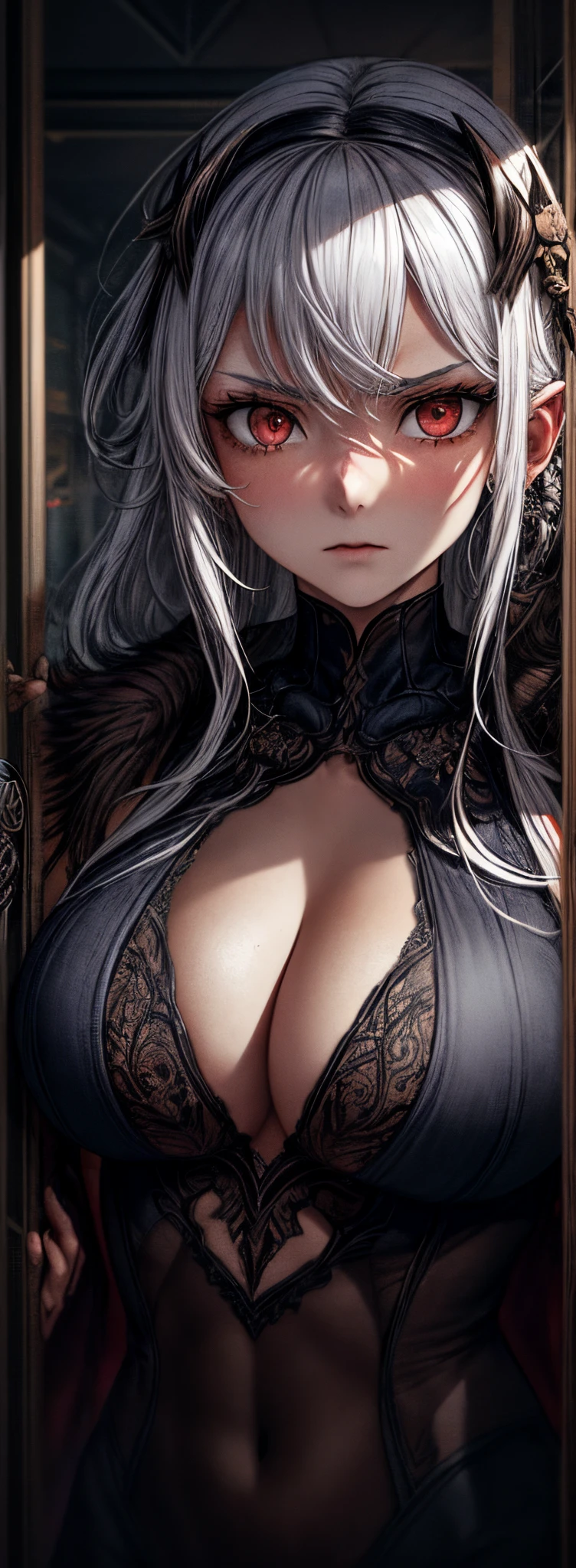1female, White hair, red eyes, (sweetheart,Imperial sister_shooting:1.2), breasts focus, Long gray hair, side locks,Expressions of danger,Extreme panic,Chest front close-up,After being violated ,Scared,(funk:1.1) have expressed, put one hand behind your back, ambientlighting, moodiness, darkly, In an abandoned old museum, Clear glass display cases filled with interesting items, dusty, postapocalypse, spiderwebs, masterful, Beautiful 8k wallpaper,Camel hooves ,The content is very detailed, iintricate,warm color palette,Semi-naked-chested,Colossal tits(d),Many colors,Dazzling sunlight,Put on a gorgeous coat,Fully transparent underwear,Torn clothes,It has a queen-like temperament,succubi,bautiful young woman
