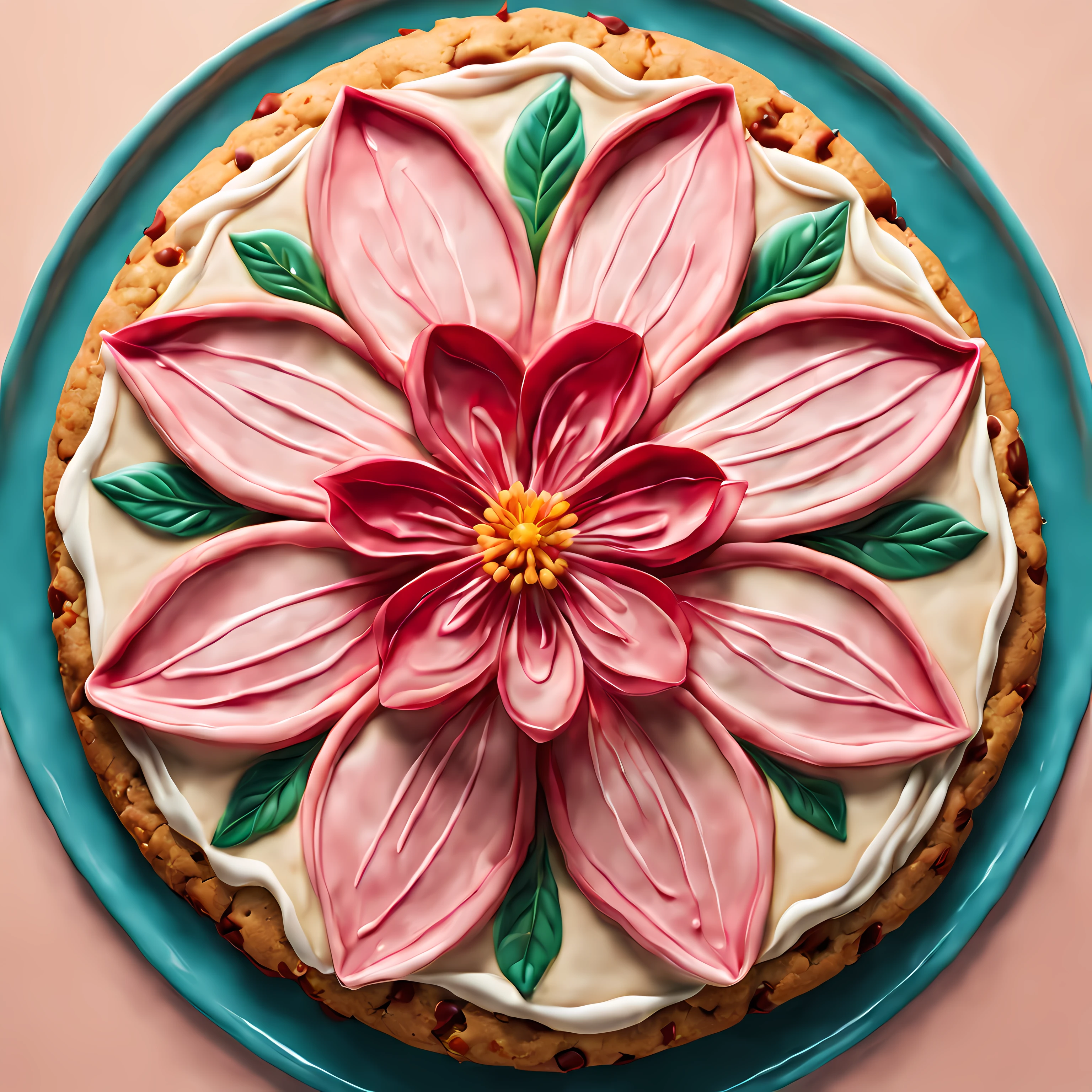 (symmetrical:1.3), (epic digital drawing:1.3), (shot from above:1.3) (close up:1.3), perfect (((giant cookie in the shape of a blossom))) that is cherry, ((abstract floral background))