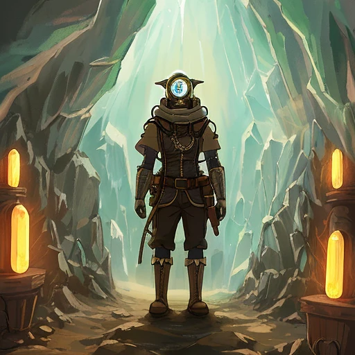 Object Head,lamp head explorer,adventurer,inside the crystal cave,anime styled,illstration,steampunc
