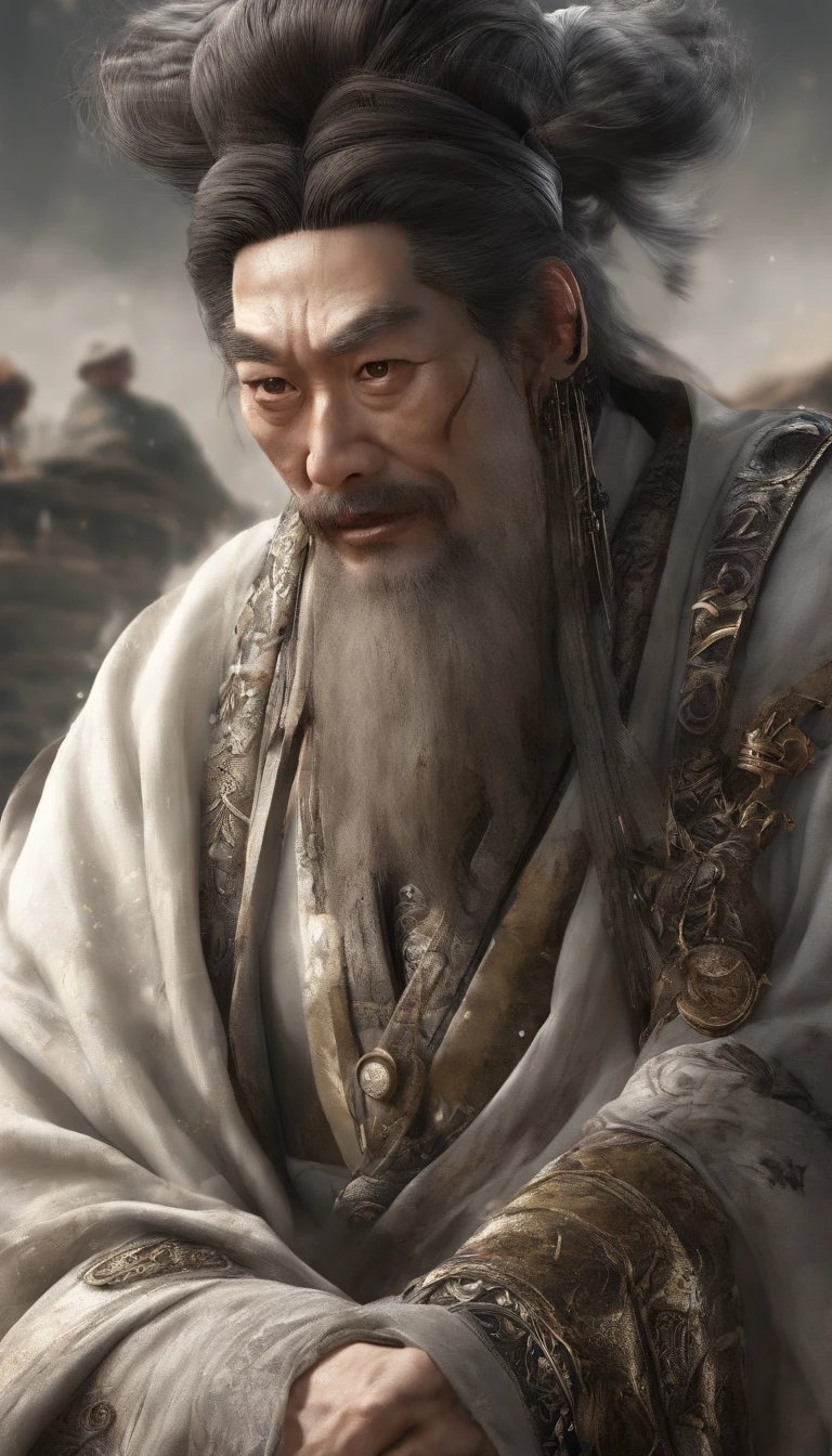 chinese paintings；ink portrait，frontal portrait of deity，Audience visual inspection，Immortal Wind Road Bone，White haired man，Eyes are round，Full of prunes。Warm background。hyper HD, retinas, tmasterpiece, Acura, Anatomically correct, Award-Awarded, high high quality, high detal, super detailing, ctextured skin, Best quality, A high resolution, 1080p, k hd, 4K, 8K, 16k。