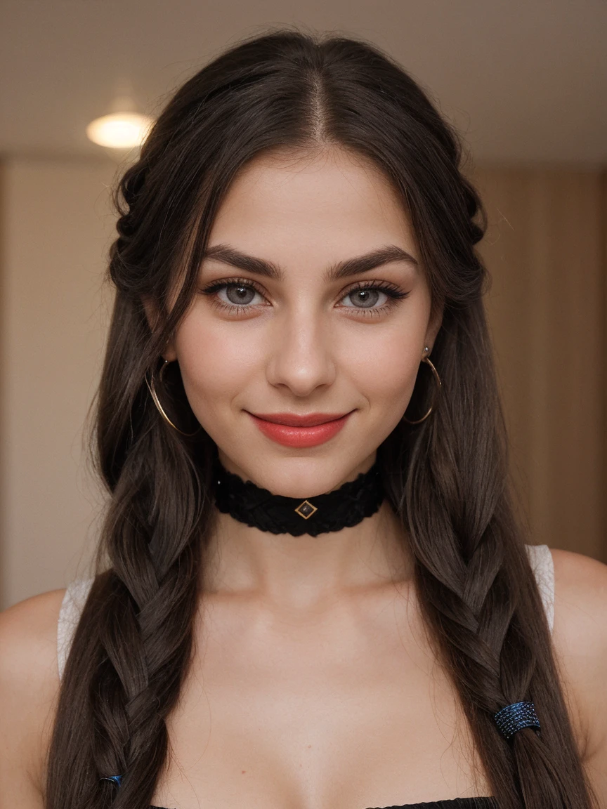 head tilt, brown-silky-hair, 19 year old woman up close selfie, hair-rubber-bands, thin-black-string-silky-see-through-bra, perky athletic D cups, blue eyes, smiling eyes, smiling cheeks, dimples, smiling eyebrows, smiling eyelashes Hypertrichosis of the eyebrows, wide sly duckface, super thick eyelashes, super long eyelashes, hair-extensions, looking directly at camera, indoor background, straightened hair, braided half pony tail, black choker, Charli D' Amelio, Brett Cooper, dark red lipstick, diamond nose ring, cheek mole
