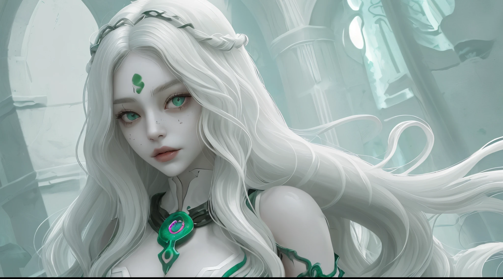 She is a alchemist. Wavy Jade Hair. White Skin. (Dark Fantasy)