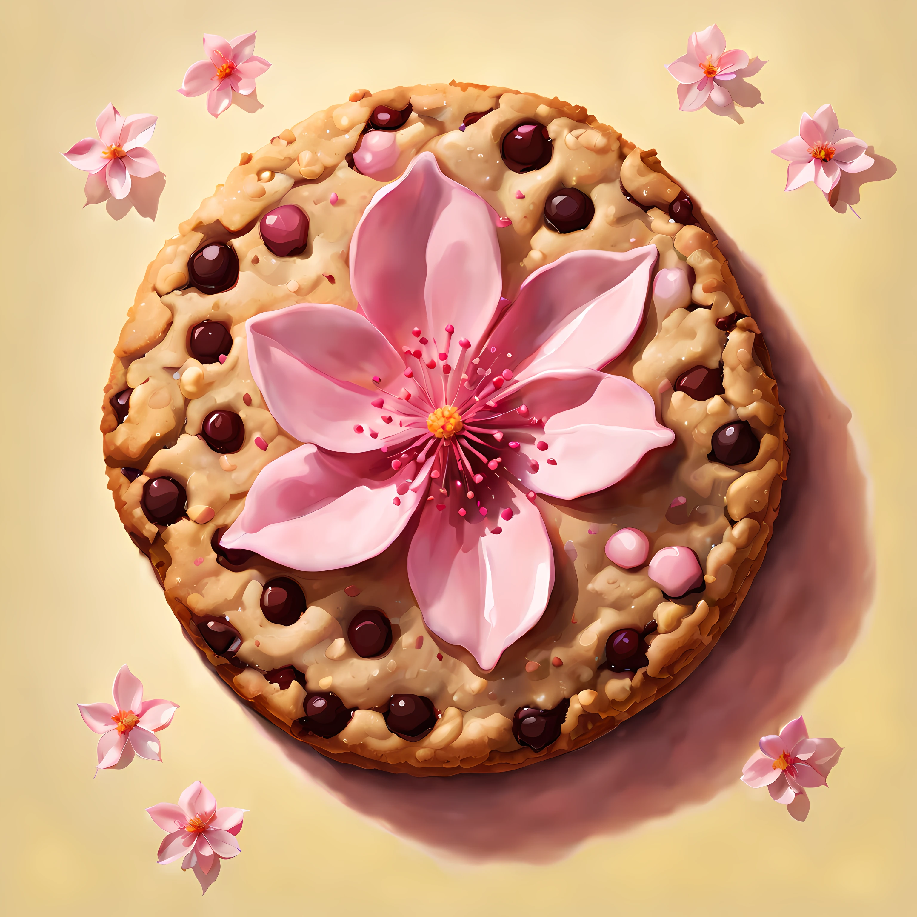 (epic digital drawing:1.3), (shot from above:1.3) (close up:1.3), (((giant cookie in the shape of a blossom))) that is cherry, ((abstract milky background)), (absurdes:1.6)