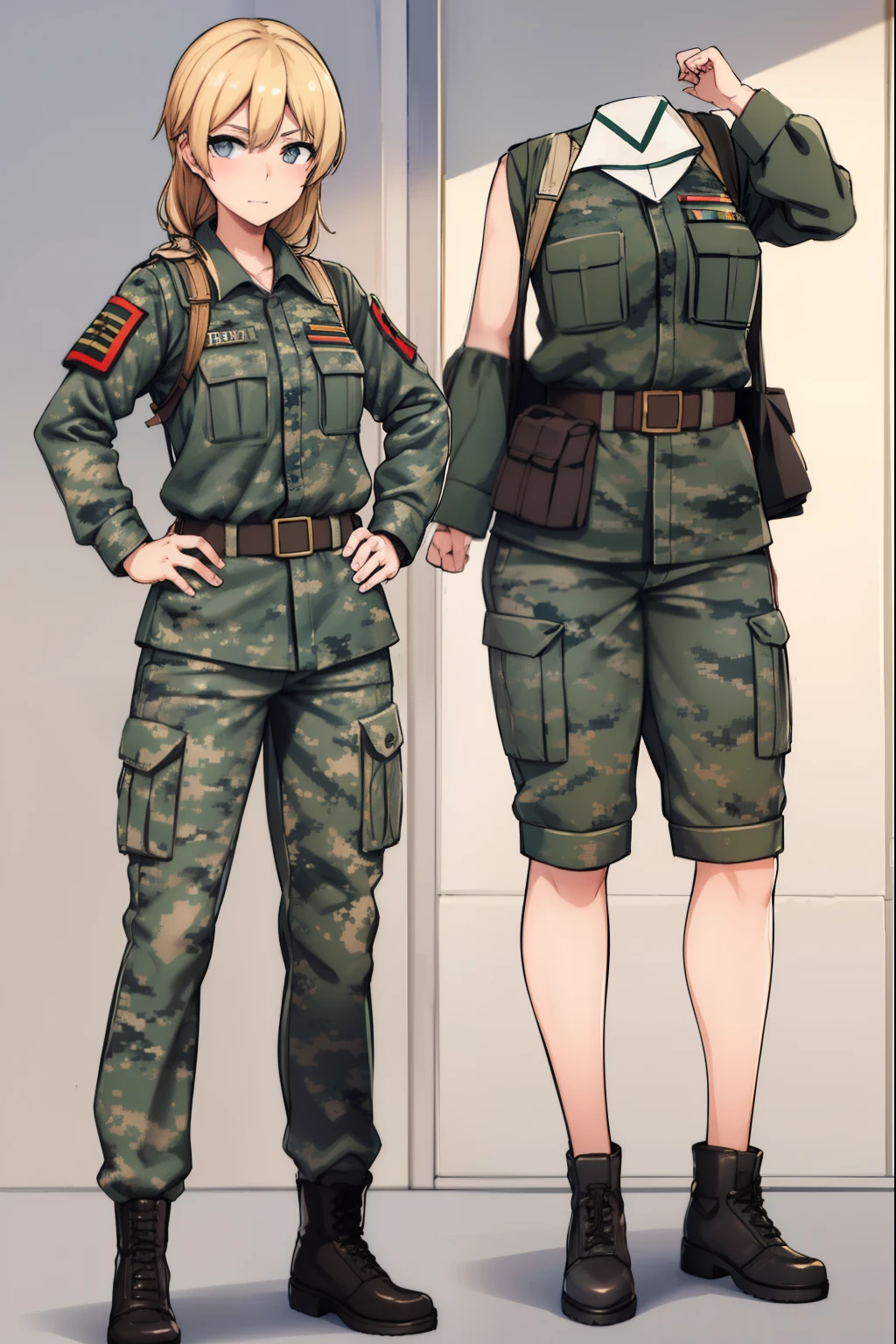 Cute girl,Soldier,She wears army clothes,army, in-depth details, Iraqi clothing, full body, sexy body, sexy,Spotted army clothing, Military camouflage clothing, Drawing better eyes, accuracy in details