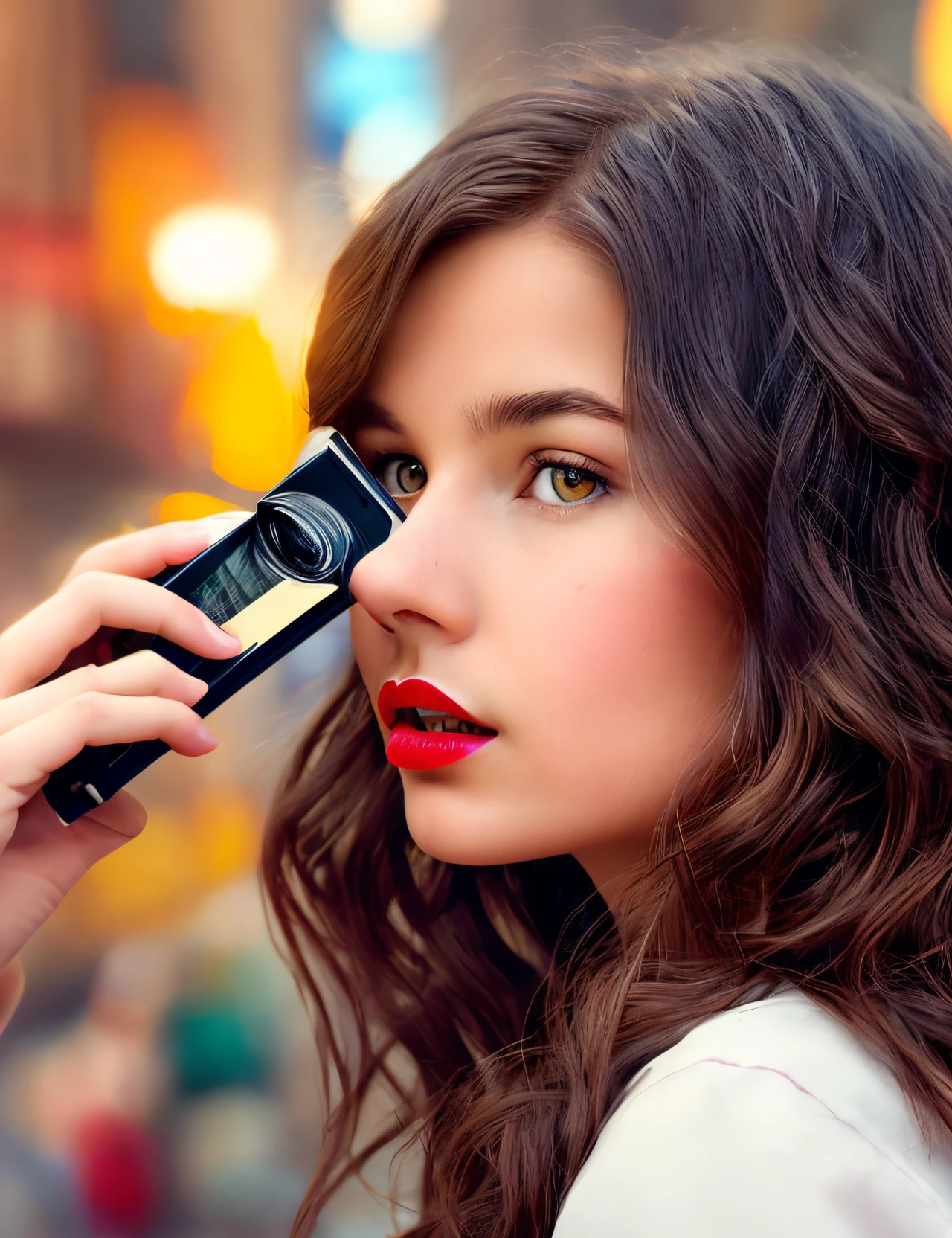 Prompt: A Disney Pixar-Inspired movie poster with title "(ART)"."( Tall 19-year-old girl with dark brown hair and light brown eyes wearing red lipstick taking a photo in New York)"
The scene should be in the distinct digital art style of pixar, with a focus on character expressions, vibrant colors, and detailed textures that are