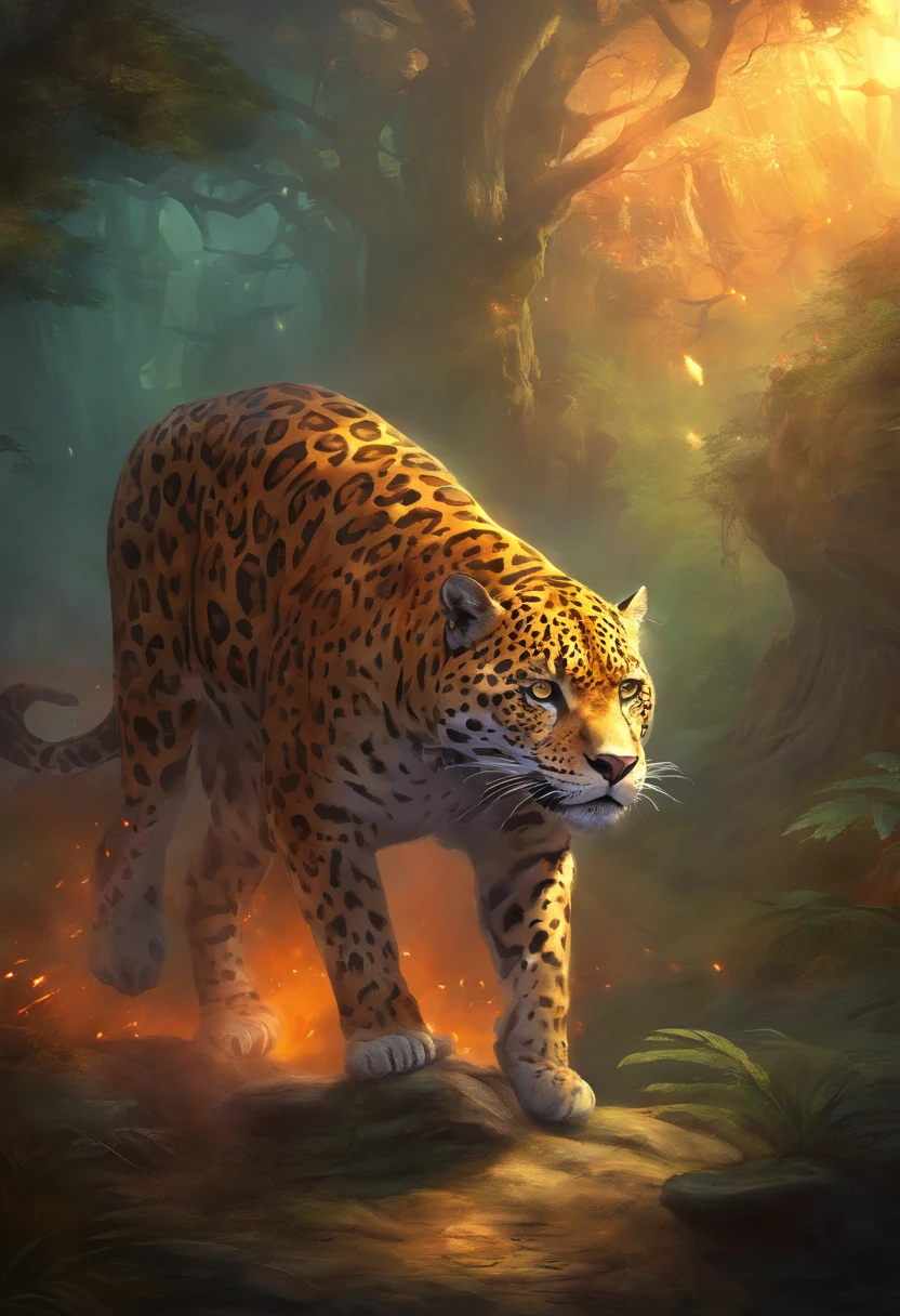 Otherworldly mysterious Jaguar creatures, Terrifying atmosphere, Fire, Smoke, hyper photorealism, High quality, Masterpiece