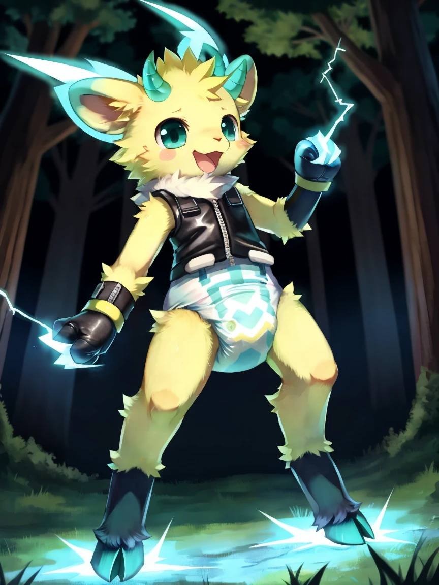 ((by wadorigi on Twitter)(Lamb)), pokemon, ??? proportions, cute, adorable , thin thighs, hooves, upper limb hooves, yellow fur, horns with electricity, (teal and yellow electricity), teal lightnings on surroundings, wearing soggy messy padded diaper, wearing dark yellow vest, (leather padded fist mitts), leather wrist cuffs, standing, atached hands to wooden stocks, in forest