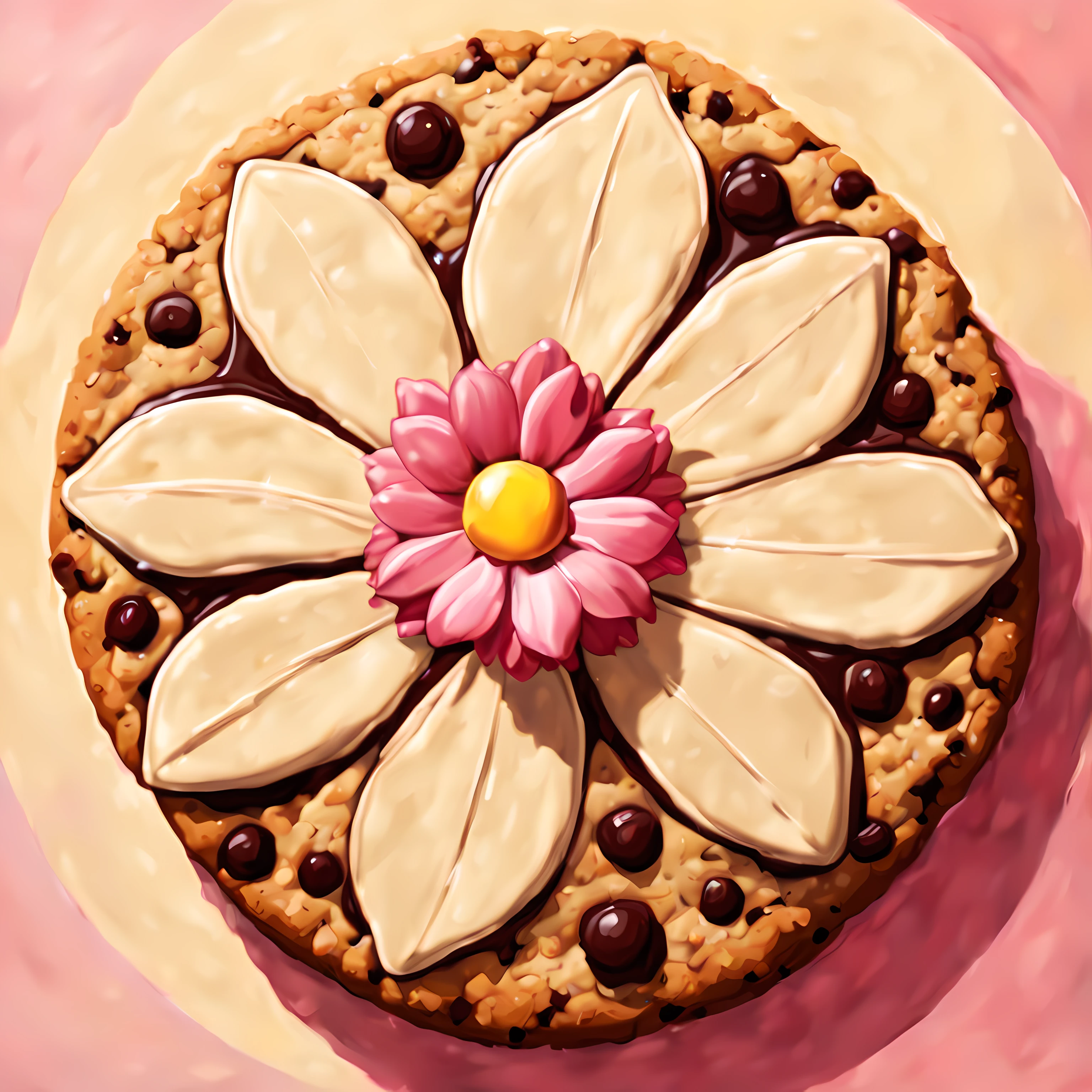 (epic digital drawing:1.3), (shot from above:1.3) (close up:1.3), (((giant cookie in the shape of a blossom))) that is cherry, ((abstract floral background)), (absurdes:1.6)