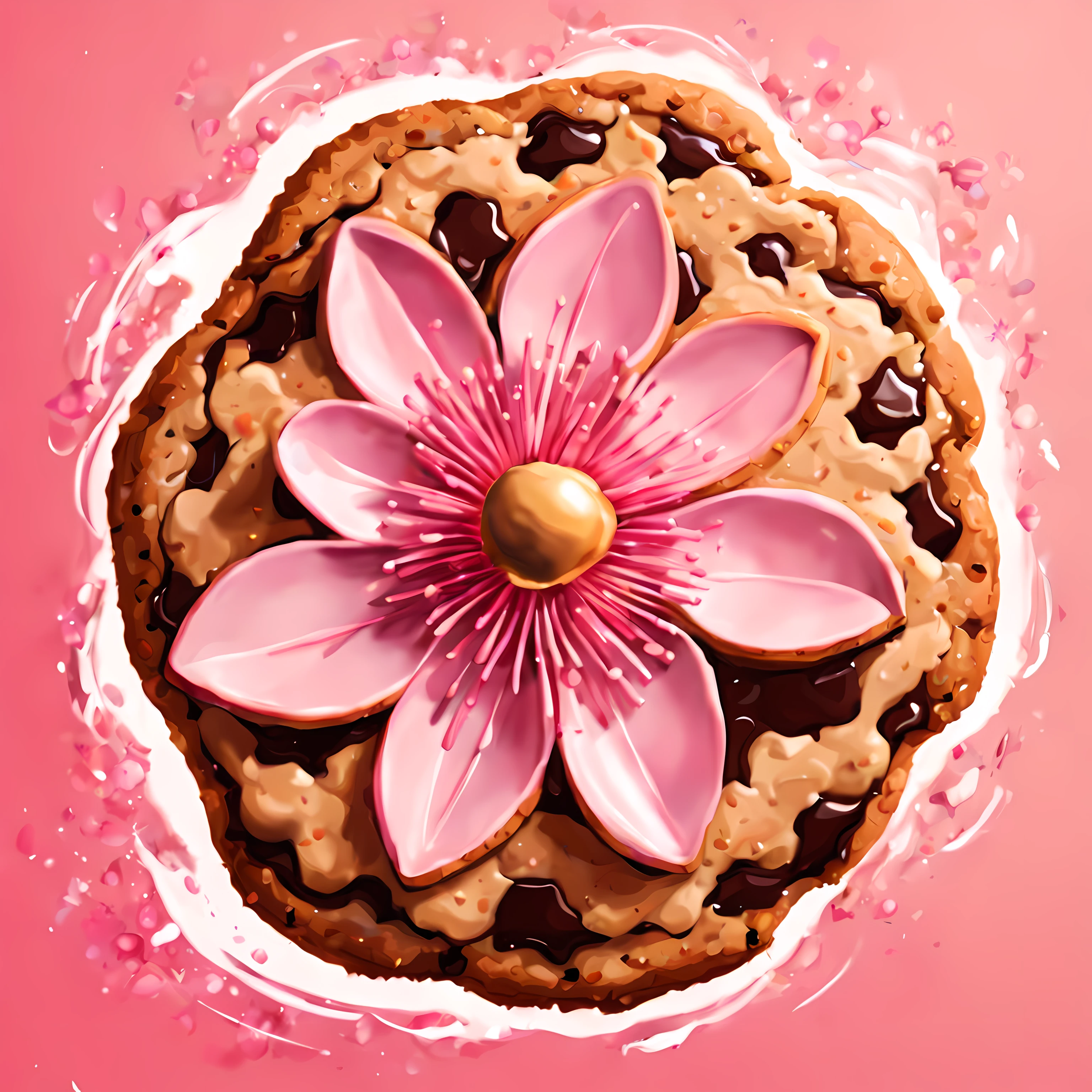 (epic digital drawing:1.3), (shot from above:1.3) (close up:1.3), (((giant cookie in the shape of a blossom))) that is cherry, ((abstract floral background)), (absurdes:1.6)