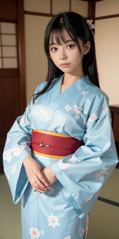 (masutepiece, Best Quality:1.4), Beautiful face, 8K, 85 mm, absurderes, ((FULL BODYSHOT:1.3))、((traditional Japanese room(With futon)))、(Floral pattern long-sleeved kimono:1.4), violaceaess, gardeniass, Delicate girl, Solo, Variety of hairstyles、Night, Looking at Viewer, Upper body, Film grain, chromatic abberation, Sharp Focus, face lights, Professional Lighting, Sophisticated, (Smile:0.4), (Simple background, Bokeh background:1.2), Detail Face