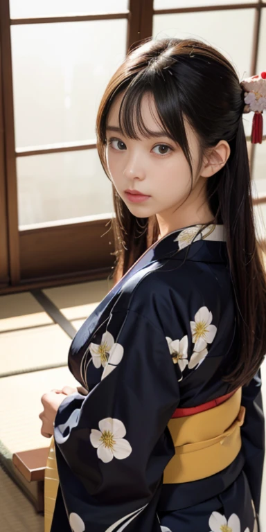 (masutepiece, Best Quality:1.4), Beautiful face, 8K, 85 mm, absurderes, ((FULL BODYSHOT:1.3))、((traditional Japanese room(With futon)))、(Floral pattern long-sleeved kimono:1.4), violaceaess, gardeniass, Delicate girl, Solo, Variety of hairstyles、Night, Looking at Viewer, Upper body, Film grain, chromatic abberation, Sharp Focus, face lights, Professional Lighting, Sophisticated, (Smile:0.4), (Simple background, Bokeh background:1.2), Detail Face