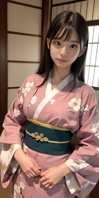 (masutepiece, Best Quality:1.4), Beautiful face, 8K, 85 mm, absurderes, ((FULL BODYSHOT:1.3))、((traditional Japanese room(With futon)))、(Floral pattern long-sleeved kimono:1.4), violaceaess, gardeniass, Delicate girl, Solo, Variety of hairstyles、Night, Looking at Viewer, Upper body, Film grain, chromatic abberation, Sharp Focus, face lights, Professional Lighting, Sophisticated, (Smile:0.4), (Simple background, Bokeh background:1.2), Detail Face