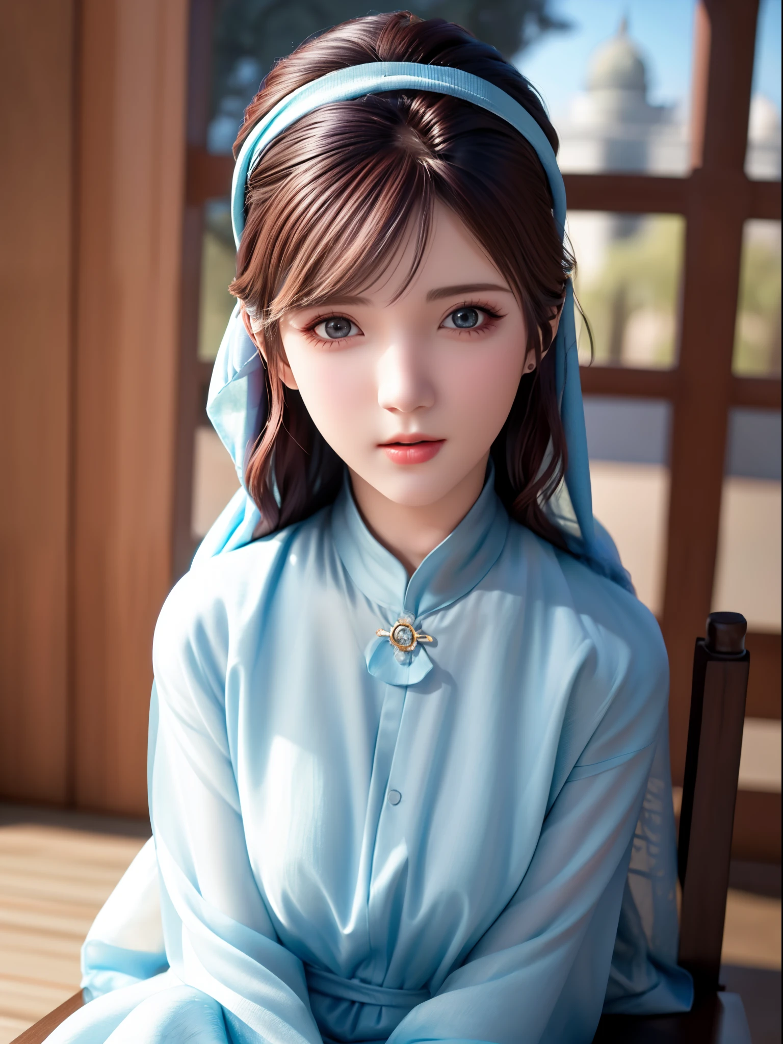 1girl, solo, beautiful face, high detailed realistic eyes, double eyelids, high detailed realistic pupils, upon body from head to waist, (wearing hijab:1.37), (moslem headscarf:1.35), reading glasses, sitting alone on a long chair, amazing mosque park background, taj mahal, best quality, masterpiece, highres, moslem female dress, Beautiful face, (upon body from head to waist:1.37), tyndall effect, photorealistic, dark studio, two tone lighting, 8k uhd, dslr, soft lighting, high quality, volumetric lighting, candid, Photograph, high resolution, 4k, 8k, Bokeh, (hyperrealistic girl), (illustration), (high resolution), (extremely detailed), (best illustration), (beautiful detailed eyes), (best quality), (ultra-detailed), (masterpiece), (wallpaper), (photorealistic), (natural light), (rim lighting), (detailed face), (high detailed realistic skin face texture), (anatomically correct), (heterochromic eyes), (detailed eyes), (sparkling eyes), (dynamic pose)