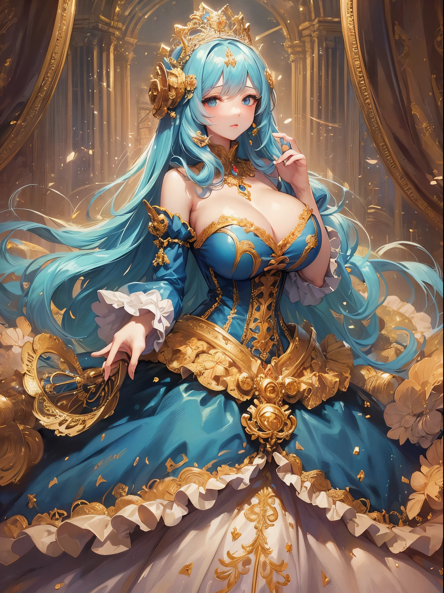 ultra-detailed, extremely detailed,((anime artstyle)),Masterpiece,(Best Quality),(Super Detail),(Very Delicate and Beautiful),((Solo)),((full body)),full body,((detailed face and eyes)),perfect eyes, rendered eyes,jewel-like beautiful eyes,((1 princess in beautiful embroidery and jeweled gorgeous rococo ballgown with frilled voluminous full length hoop skirt)),((Crinoline)),beautiful embroidery and jeweled gorgeous rococo ballgown with frilled voluminous full length hoop skirt,(large amount of straight hair,extremely voluminous Very Long straight Hair,Absolutely Long Straight Hair),sparkly skin,(((very gigantic boobs))),Bursting breasts,cleavage,(fantasy castle,outdoors,outside the castle),long_gloves,extremely gorgeousfull jeweled hair ornament,(bling-bling extremely gorgeousfull jeweled tiara),(luxurious jewelry),full body,beautiful embroidery and jeweled gorgeous rococo ballgown with frilled voluminous full length hoop skirt