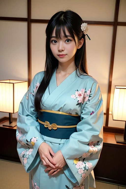 (masutepiece, Best Quality:1.4), Beautiful face, 8K, 85 mm, absurderes, ((FULL BODYSHOT:1.3))、((traditional Japanese room(With futon)))、(Floral pattern long-sleeved kimono:1.4), violaceaess, gardeniass, Delicate girl, Solo, Long bob hair、Night, Looking at Viewer, Upper body, Film grain, chromatic abberation, Sharp Focus, face lights, Professional Lighting, Sophisticated, (Smile:0.4), (Simple background, Bokeh background:1.2), Detail Face