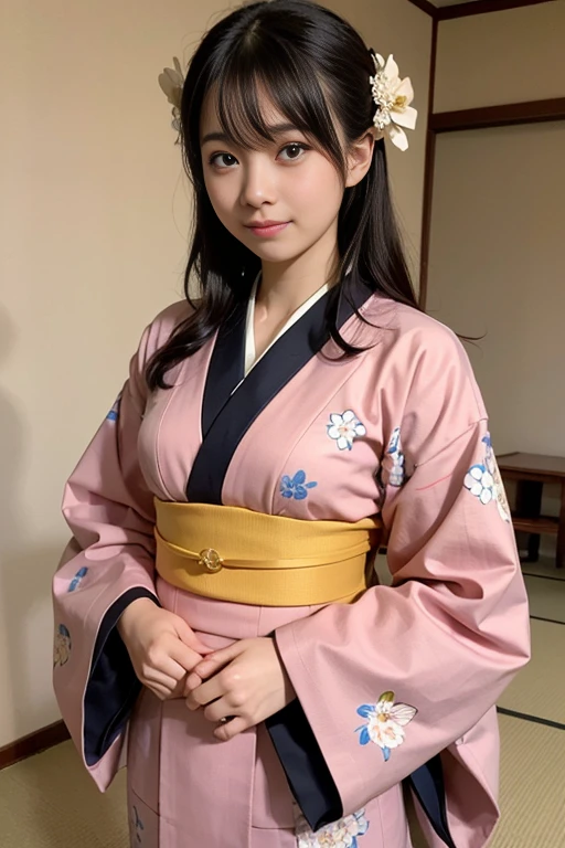 (top-quality、masterpiece:1.2)、Best Quality、realisitic、photoshot、hight resolution、1080p、8K、Textured skin、Physical Rendering、1 Japan Girls、a junior high school student、kawaii、Young Face、Rolled hair、(japanese kimono:1.5)、kyoto、full of shyness、smil、Big
