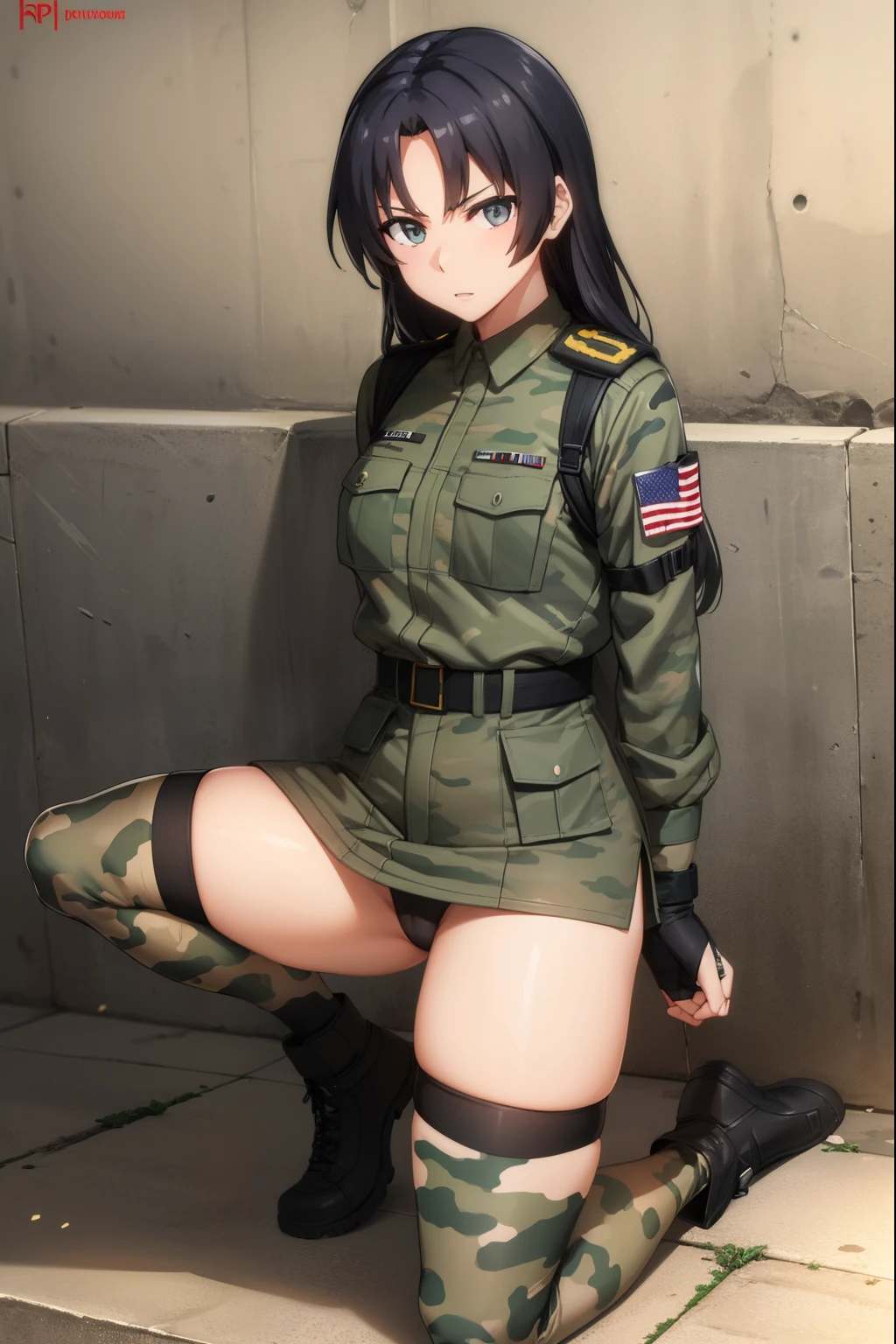 Cute girl,Soldier,She wears army clothes,army, in-depth details, Iraqi clothing, full body, sexy body, sexy,Spotted army clothing, Military camouflage clothing, Drawing better eyes, accuracy in details