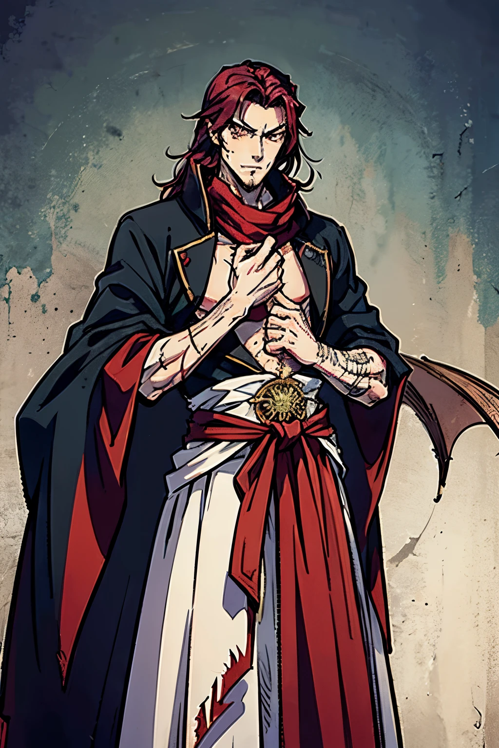 Best Quality, Masterpiece, Ultra High Resolution, musashi miyamoto, long red hair, renaissance attire, fancy clothing, nobility attire, handsome, manly, muscular, tall, covered in scars, vampire, pale white skin, fangs, vampiric, gothic, goth, standing in a medieval London town, long red scarf, detailed