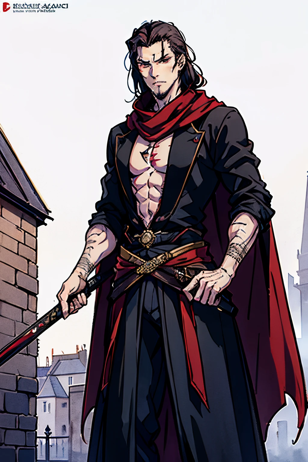 Best Quality, Masterpiece, Ultra High Resolution, musashi miyamoto, long red hair, renaissance attire, fancy clothing, nobility attire, handsome, manly, muscular, tall, covered in scars, vampire, pale white skin, fangs, vampiric, gothic, goth, standing in a medieval London town, long red scarf, detailed