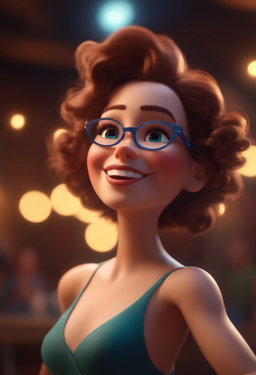 NSFW. Pixar style image with 3D character white glasses nude brunette woman short curly hair dancing, Maquiagem Disney,fofo, adolable, sorridente ,Close-up, Pixar, Disney, Cinema lighting,