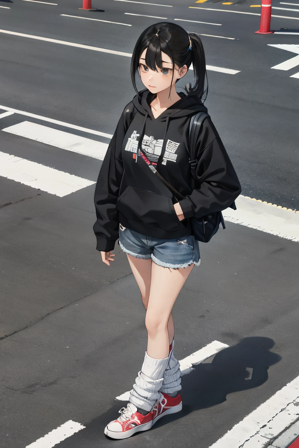 1人の女性(Women in Their 20s),(masterpiece,Highest Quality),caps、Gray hoodie,denim short pants,Bag,Loose socks、Black platform sneakers、A dark-haired,Walking at a pedestrian crossing