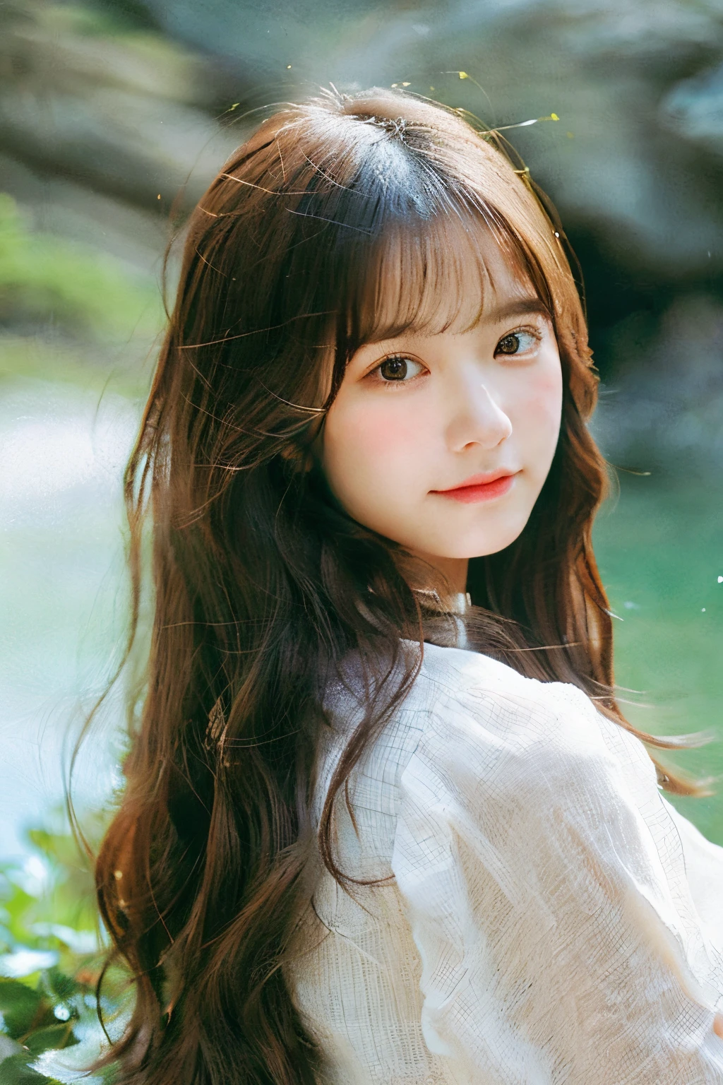 Generate a portrait of a beautiful woman with a young and gentle expression。Her hair is long、It looks like it's fluttering in the wind、A natural landscape spreads in the background