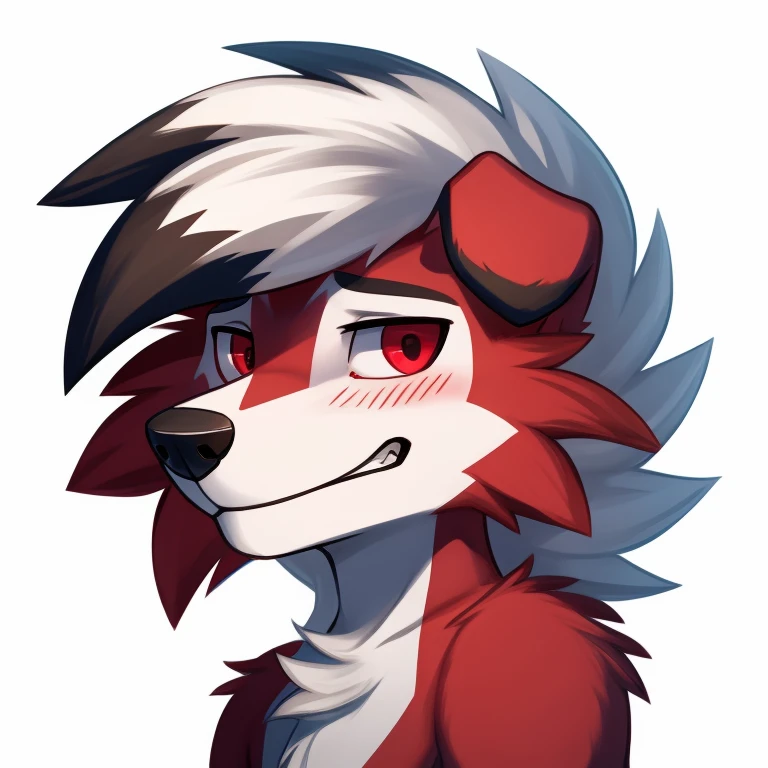 anthropomorphic, male, midnight Lycanroc, red eyes, detailed eyes, fluffy, blushed, a bit embarrassed, looking away, headshot, sticker, white background