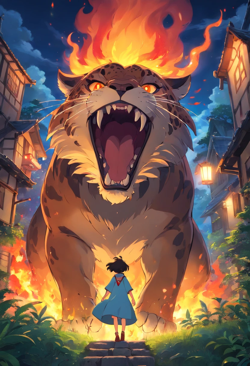Strange monsters in a fantasy world,jaguar,long canine teeth,Strong limbs,Covered in flames,Blood,Covered with thick spikes,Moon Night,中景 the scene is,Full body like, highly detailed surreal vfx,oc rendered,Shot with 70 mm - AR 16:9 --q 2 --s 1000