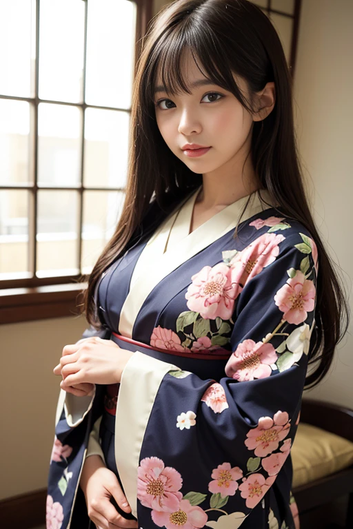 (masutepiece, Best Quality:1.4), Beautiful face, 8K, 85 mm, absurderes, ((FULL BODYSHOT:1.3))、((Japanese-style room with futon))、(Floral pattern long-sleeved kimono:1.4), violaceaess, gardeniass, Delicate girl, Solo, Long bob hair、Night, Looking at Viewer, Upper body, Film grain, chromatic abberation, Sharp Focus, face lights, Professional Lighting, Sophisticated, (Smile:0.4), (Simple background, Bokeh background:1.2), Detail Face