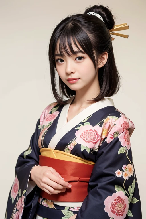 (masutepiece, Best Quality:1.4), Beautiful face, 8K, 85 mm, absurderes, ((FULL BODYSHOT:1.3))、((Japanese-style room with futon))、(Floral pattern long-sleeved kimono:1.4), violaceaess, gardeniass, Delicate girl, Solo, Long bob hair、Night, Looking at Viewer, Upper body, Film grain, chromatic abberation, Sharp Focus, face lights, Professional Lighting, Sophisticated, (Smile:0.4), (Simple background, Bokeh background:1.2), Detail Face