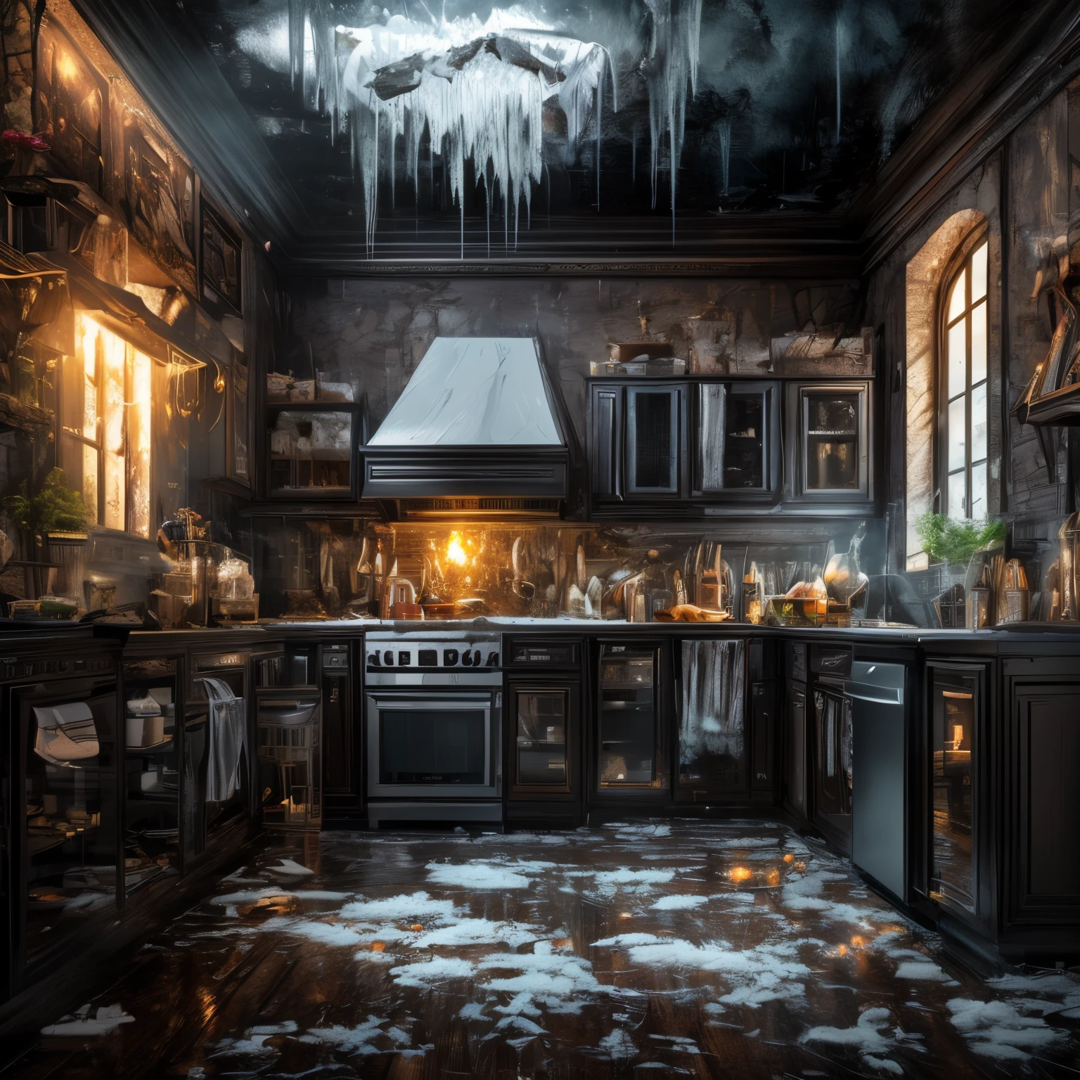 super high quality, (8k, RAW photo, realistic), detailed and delicate depiction and flashy and dynamic painting method, horror, dark fantasy, refrigerator that freezes the whole room, microwave that explodes, dishwasher that spews out water, background A dimly lit kitchen