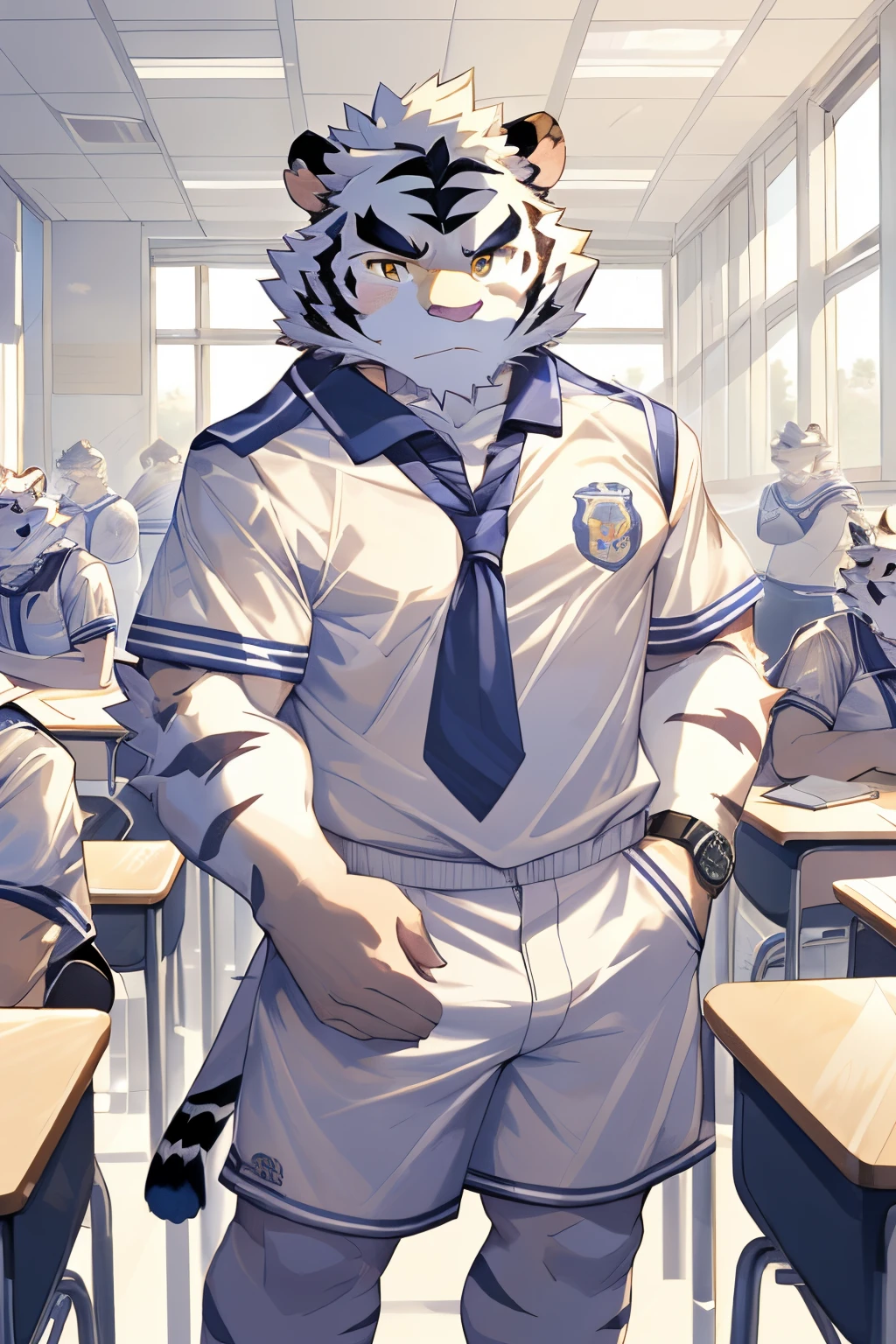 Hominidae, Photo pose. 4K, A high resolution, Best quality, posted on e621, (Two anthropomorphic white tigers:1.2), male people, 20yr old, Thick eyebrows, White fur, extra very short hair, shaggy, Strong body, large pecs, ((White student uniform)), they have class together, Golden pupils, White skinny shorts, medium bulge, in class room, (sport, Muscular, Heavyweight:1.2), Correct anatomy, (author:Chunni, author:Taran Fidler:0.8), (詳細な目:1.2), sexy for, (Cartoon shading:1.2), Cartoon shading, serious expressions, face flushed, (view the viewer:1.2)