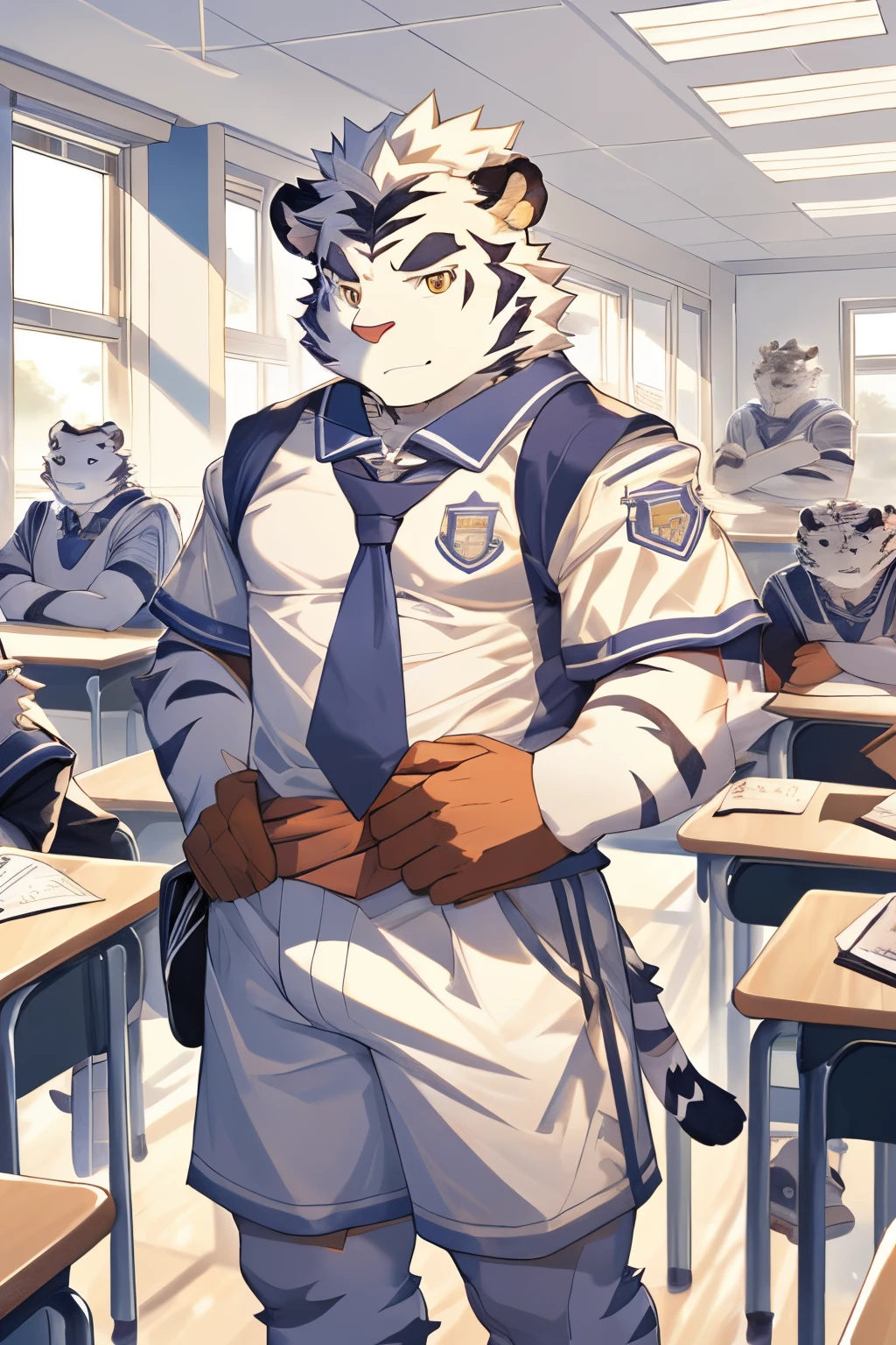Hominidae, Photo pose. 4K, A high resolution, Best quality, posted on e621, (Two anthropomorphic white tigers:1.2), male people, 20yr old, Thick eyebrows, White fur, extra very short hair, shaggy, Strong body, large pecs, ((White student uniform)), they have class together, Golden pupils, White skinny shorts, medium bulge, in class room,  (sport, Muscular, Heavyweight:1.2), Correct anatomy, (author：Chunni, author：Taran Fidler:0.8), (詳細な目:1.2), sexy for, (Cartoon shading:1.2), Cartoon shading, serious expressions, face flushed, (view the viewer:1.2)