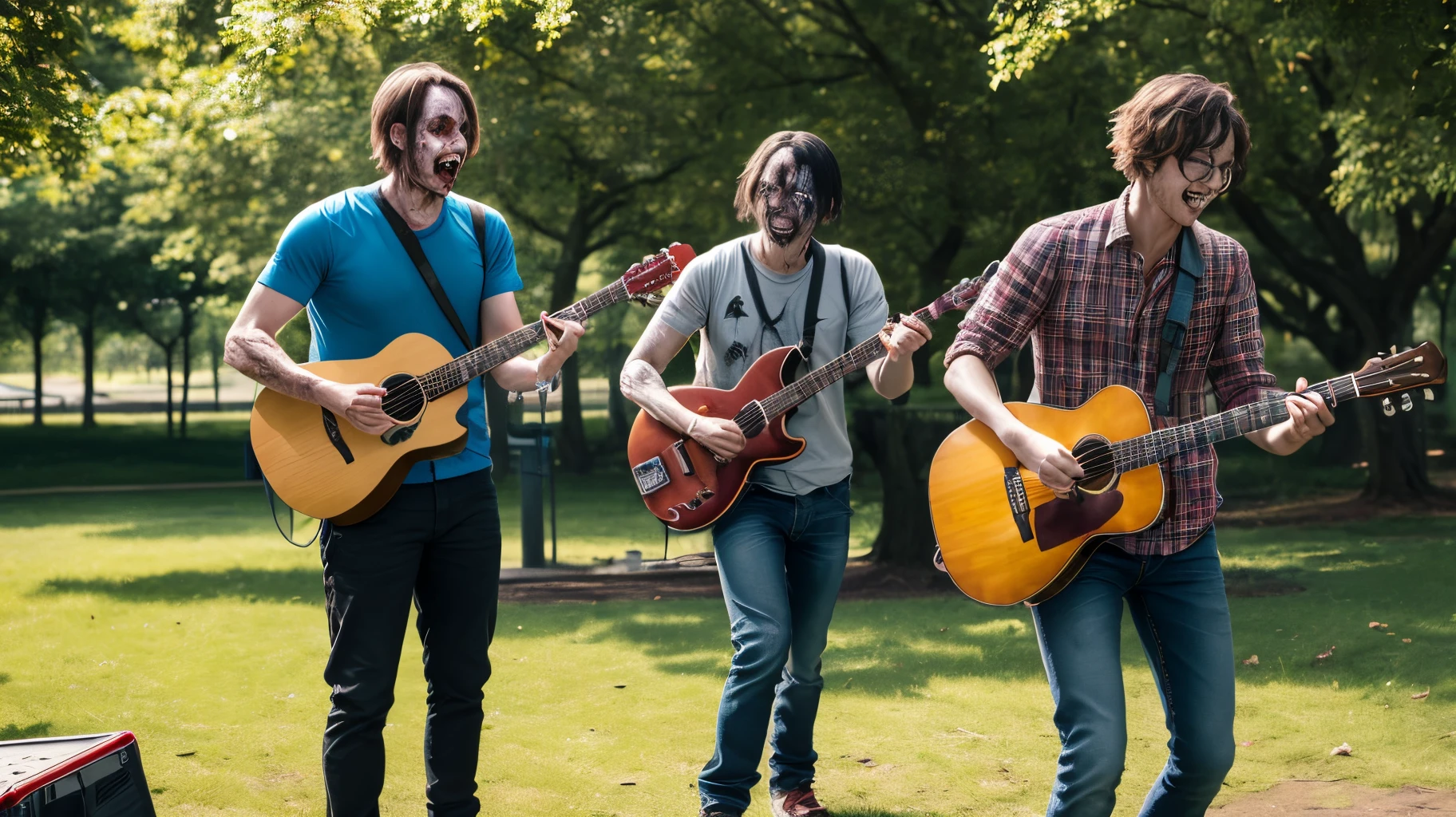 Zombie Virus cell happily playing guitar around children in a park