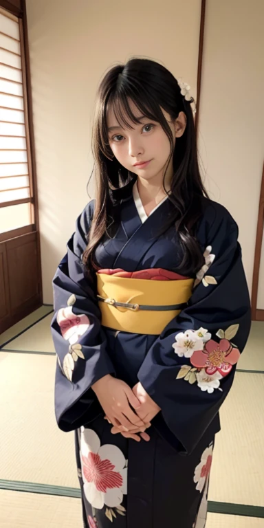 (masutepiece, Best Quality:1.4), Beautiful face, 8K, 85 mm, absurderes, ((FULL BODYSHOT:1.3))、((traditional Japanese room（With futon）))、(Floral pattern long-sleeved kimono:1.4), violaceaess, gardeniass, Delicate girl, Solo, Variety of hairstyles、Night, Looking at Viewer, Upper body, Film grain, chromatic abberation, Sharp Focus, face lights, Professional Lighting, Sophisticated, (Smile:0.4), (Simple background, Bokeh background:1.2), Detail Face