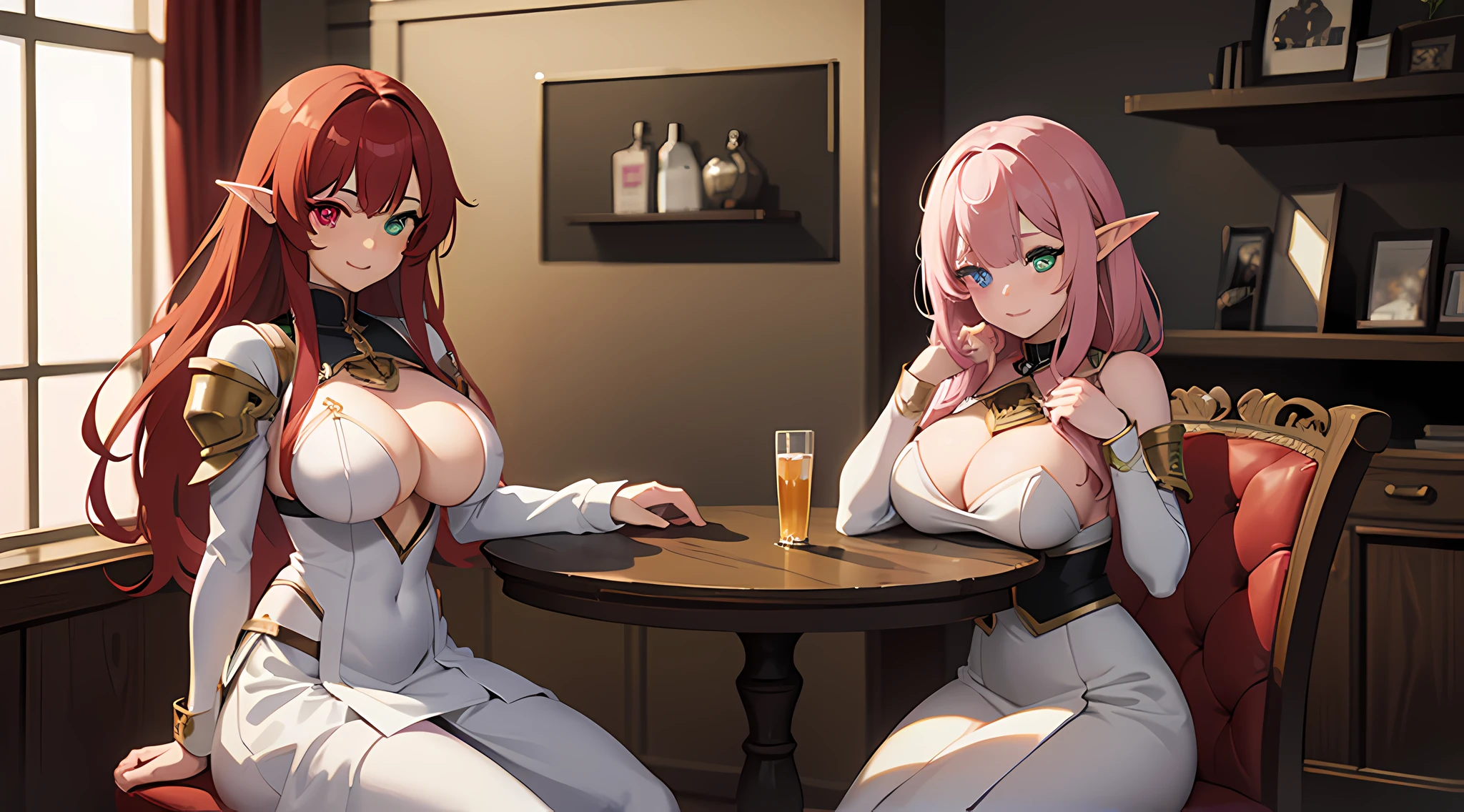 3 elf girl, posing for a picture, sitting on chair and put her boobs on the table, (red hair, (heterochromia:1.3)), blushed face, battle knight suit, breast plate, long skirt, big breast, a picture by void_0, pixiv, anime girls, seductive smile, (beautiful detailed eyes:1.6), extremely detailed face, perfect lighting, extremely detailed anime illustration, (perfect hands, perfect anatomy),