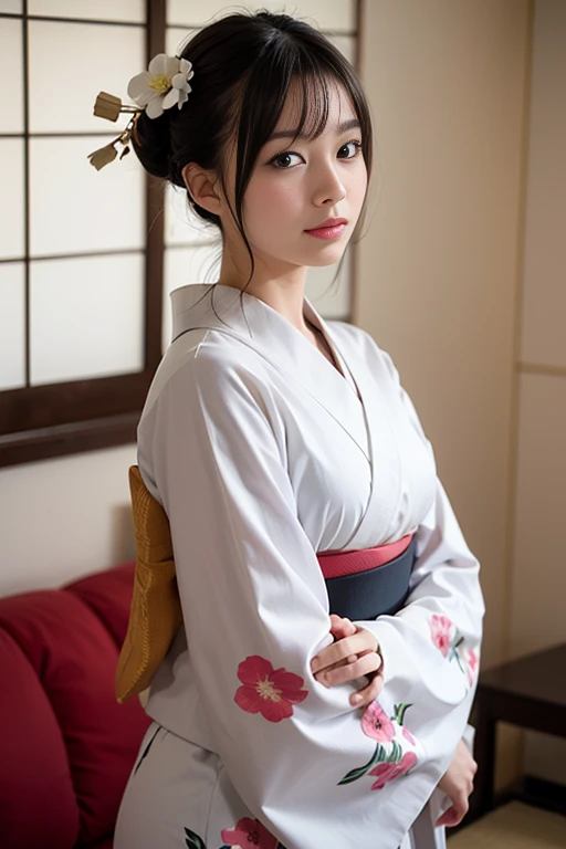 (masutepiece, Best Quality:1.4), Beautiful face, 8K, 85 mm, absurderes, ((FULL BODYSHOT:1.3))、((Japanese style room with futon))、(Floral pattern long-sleeved kimono:1.4), violaceaess, gardeniass, Delicate girl, Solo, Long bob hair、Night, Looking at Viewer, Upper body, Film grain, chromatic abberation, Sharp Focus, face lights, Professional Lighting, Sophisticated, (Smile:0.4), (Simple background, Bokeh background:1.2), Detail Face